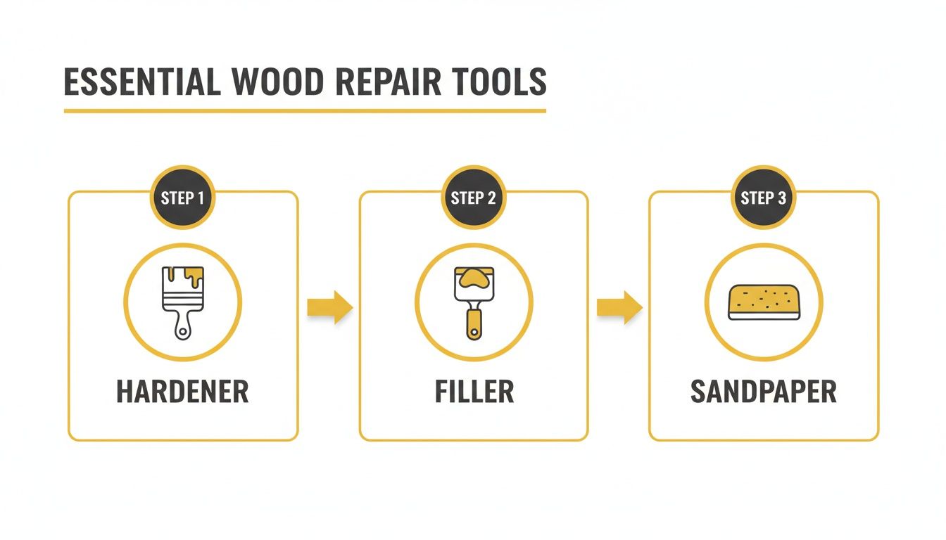 An infographic illustrating three essential wood repair steps: applying hardener, filler, and sanding with sandpaper.