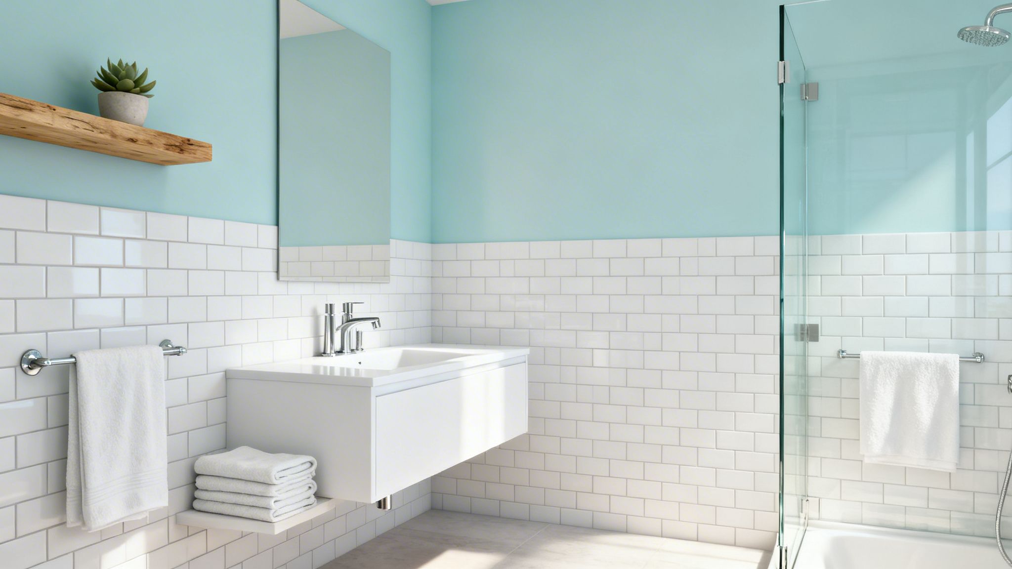 A bright modern bathroom featuring light blue walls, white subway tiles, a floating vanity, and a glass shower.