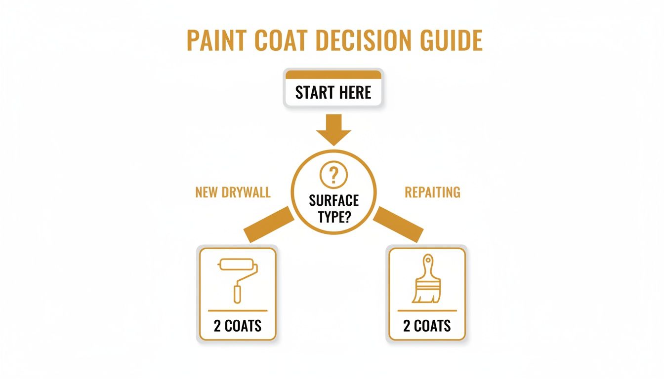 A paint coat decision guide flowchart showing that both new drywall and repainting surfaces require 2 coats of paint.