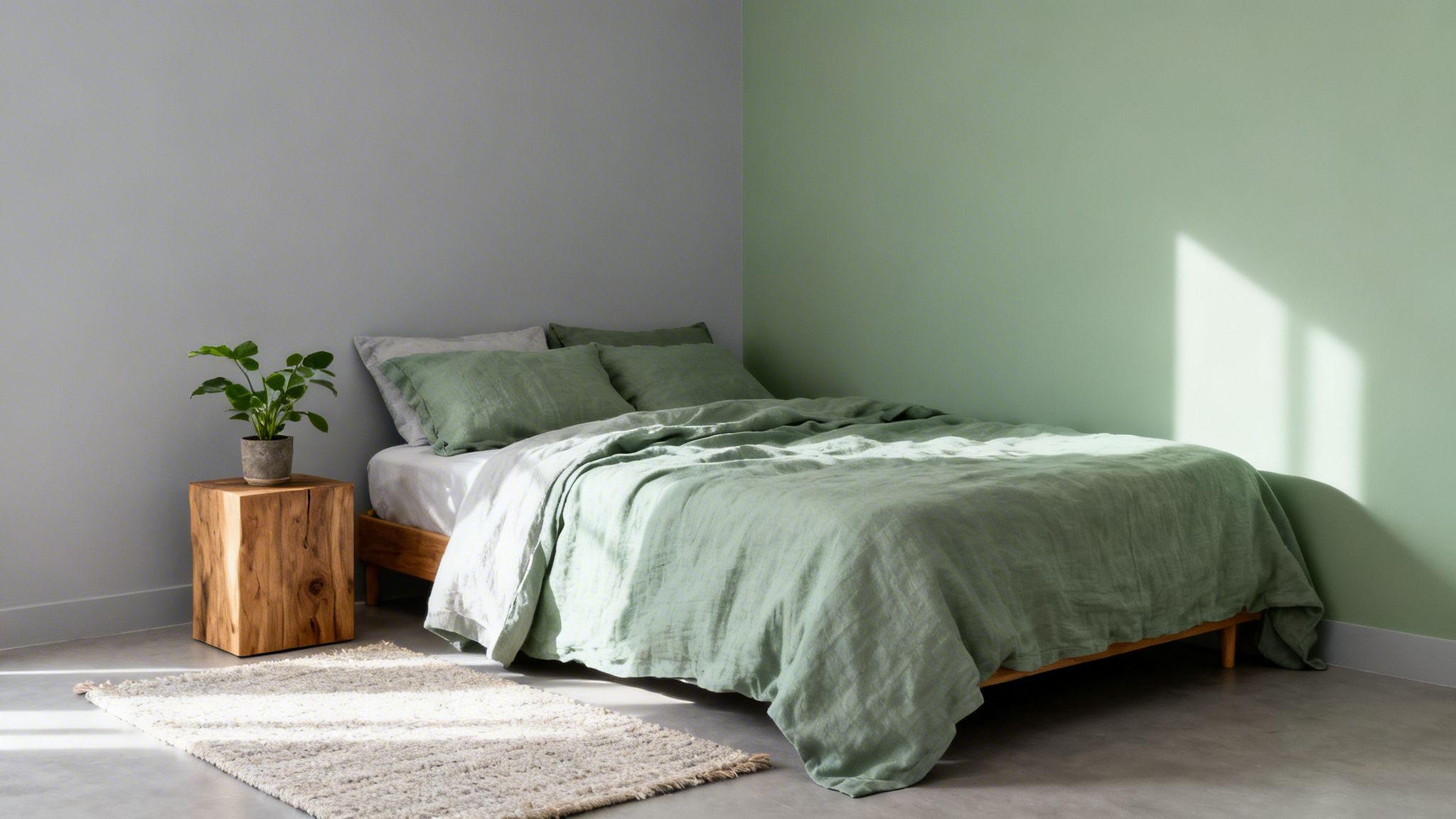 A minimalist bedroom featuring a bed with sage green linen bedding, a wooden nightstand, and a plant.