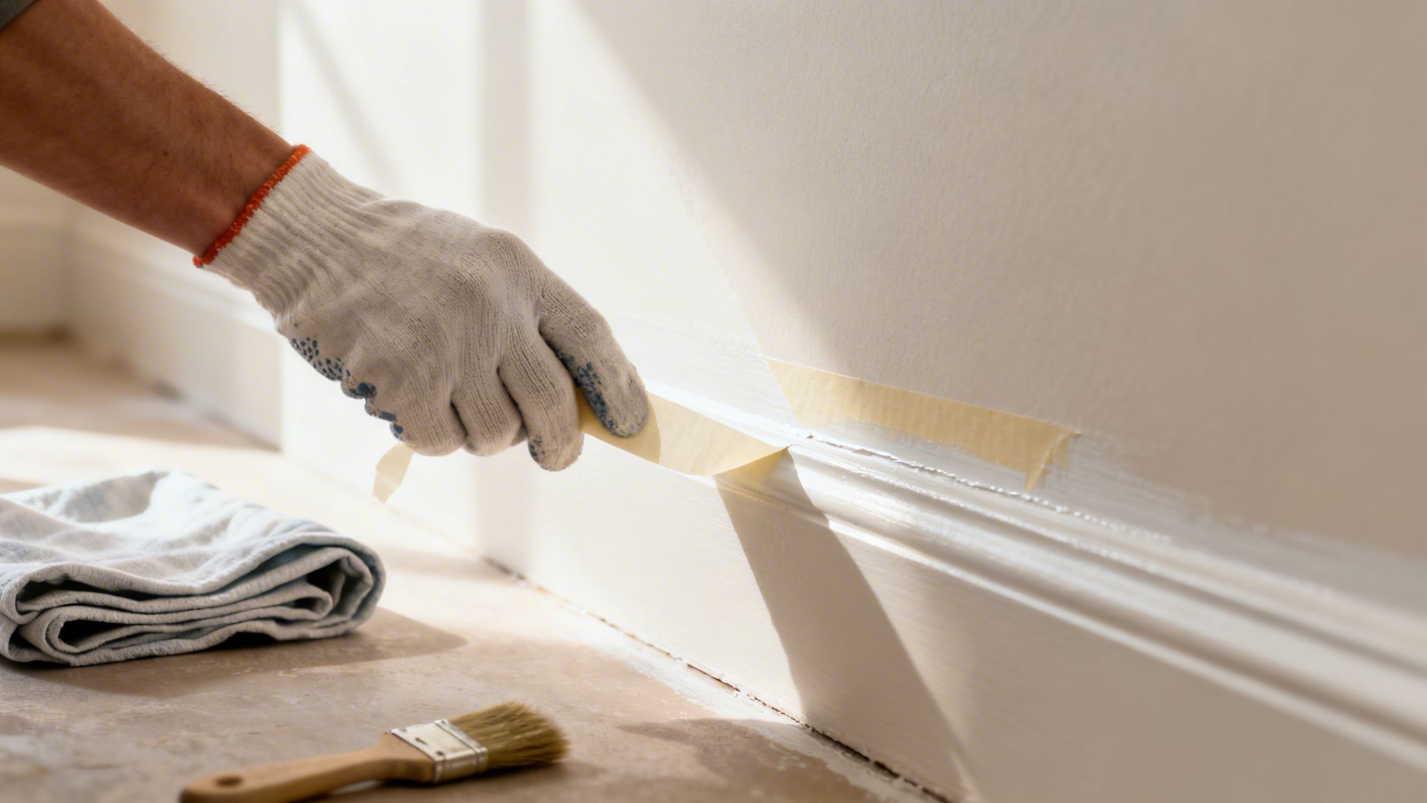 A gloved hand applies painter's tape to a wall above freshly painted white trim, preparing for painting.
