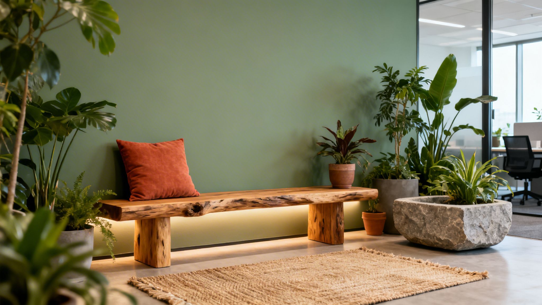 A calming green-walled office space featuring a live-edge wooden bench, an orange cushion, and lush potted plants.