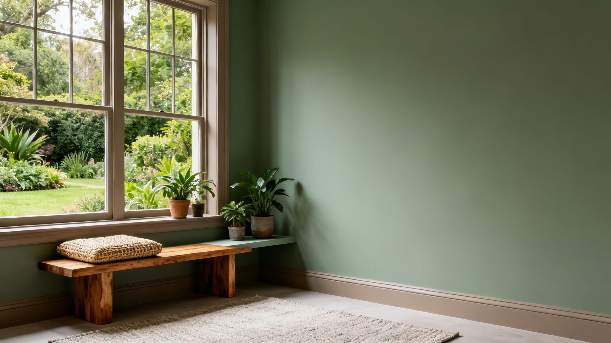 Inviting sunroom with sage green walls, a wooden bench, potted plants, and a lush garden view.