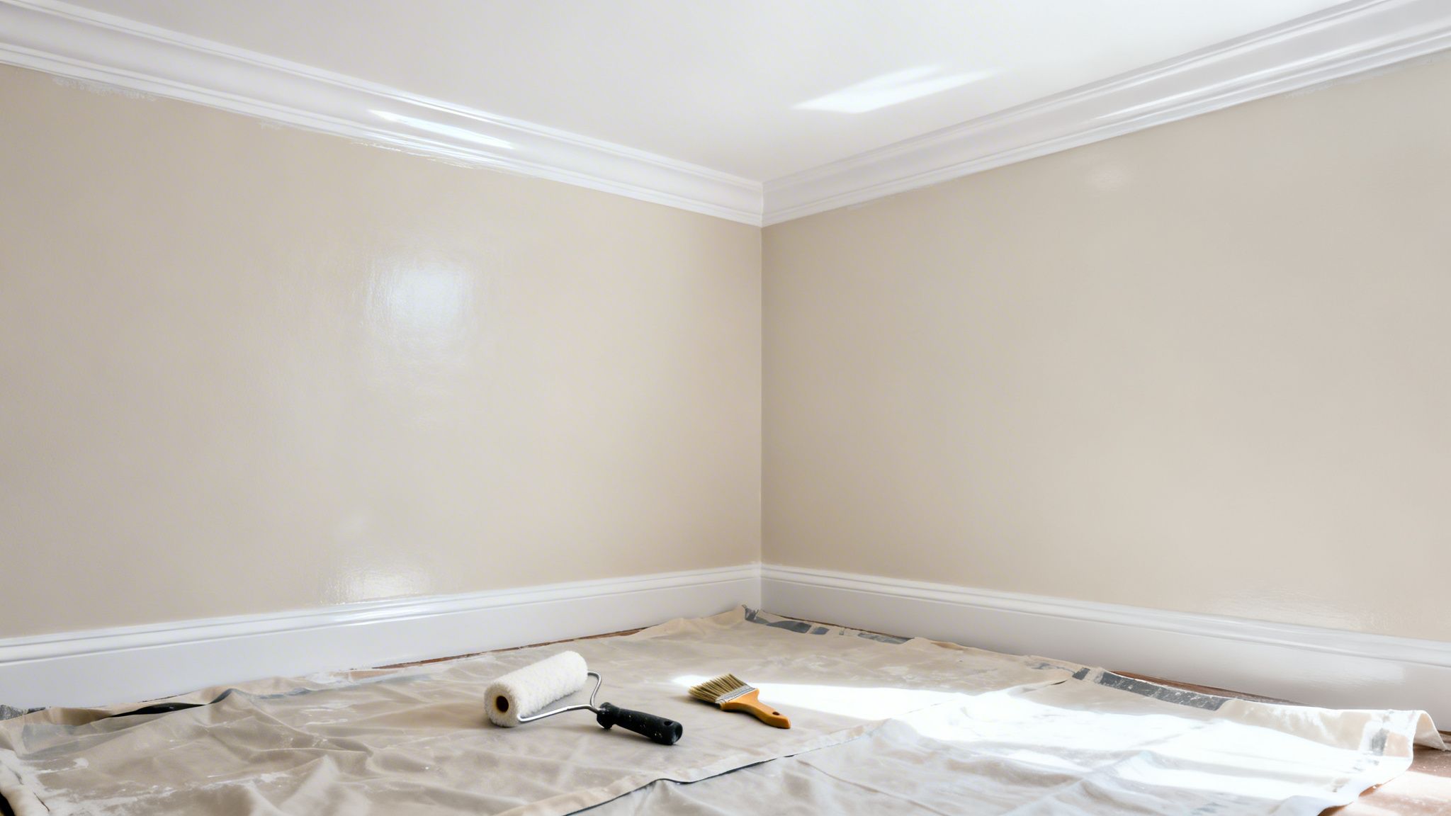 A freshly painted room with light beige walls, white crown molding, and baseboards, with painting tools on a drop cloth.