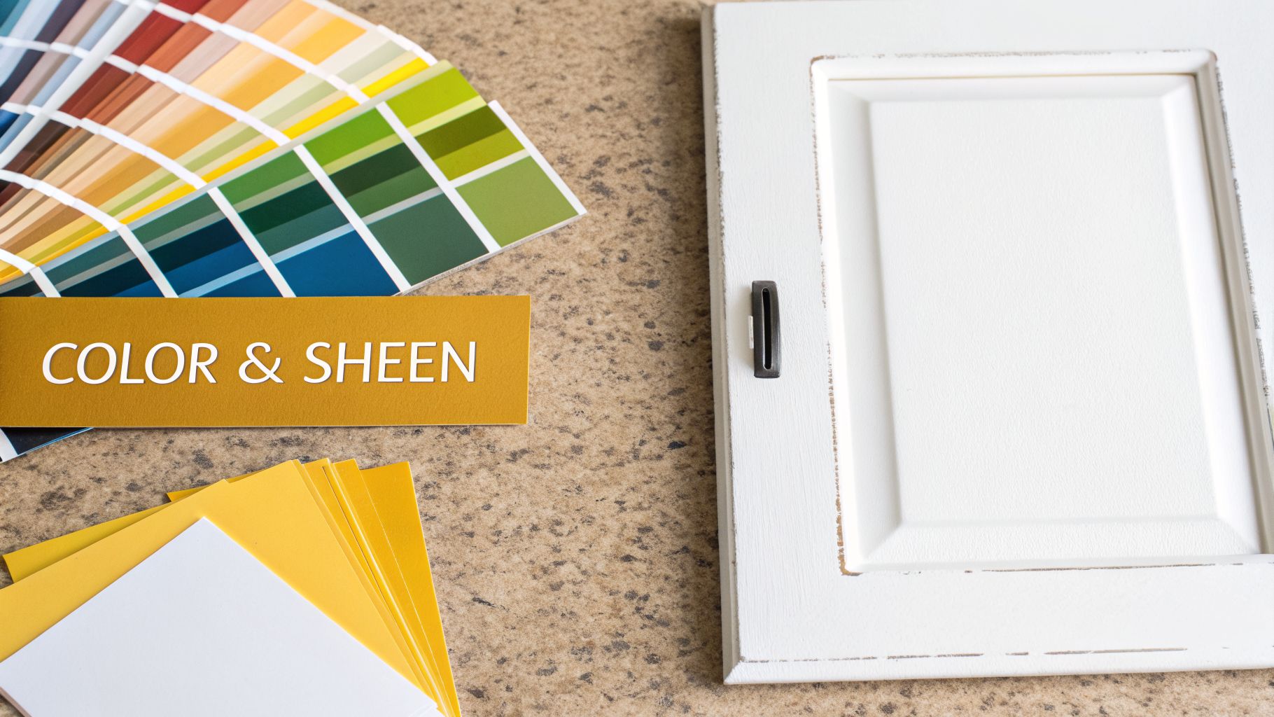 A fan deck of paint swatches, 'COLOR & SHEEN' card, and cabinet door on a countertop for paint selection.