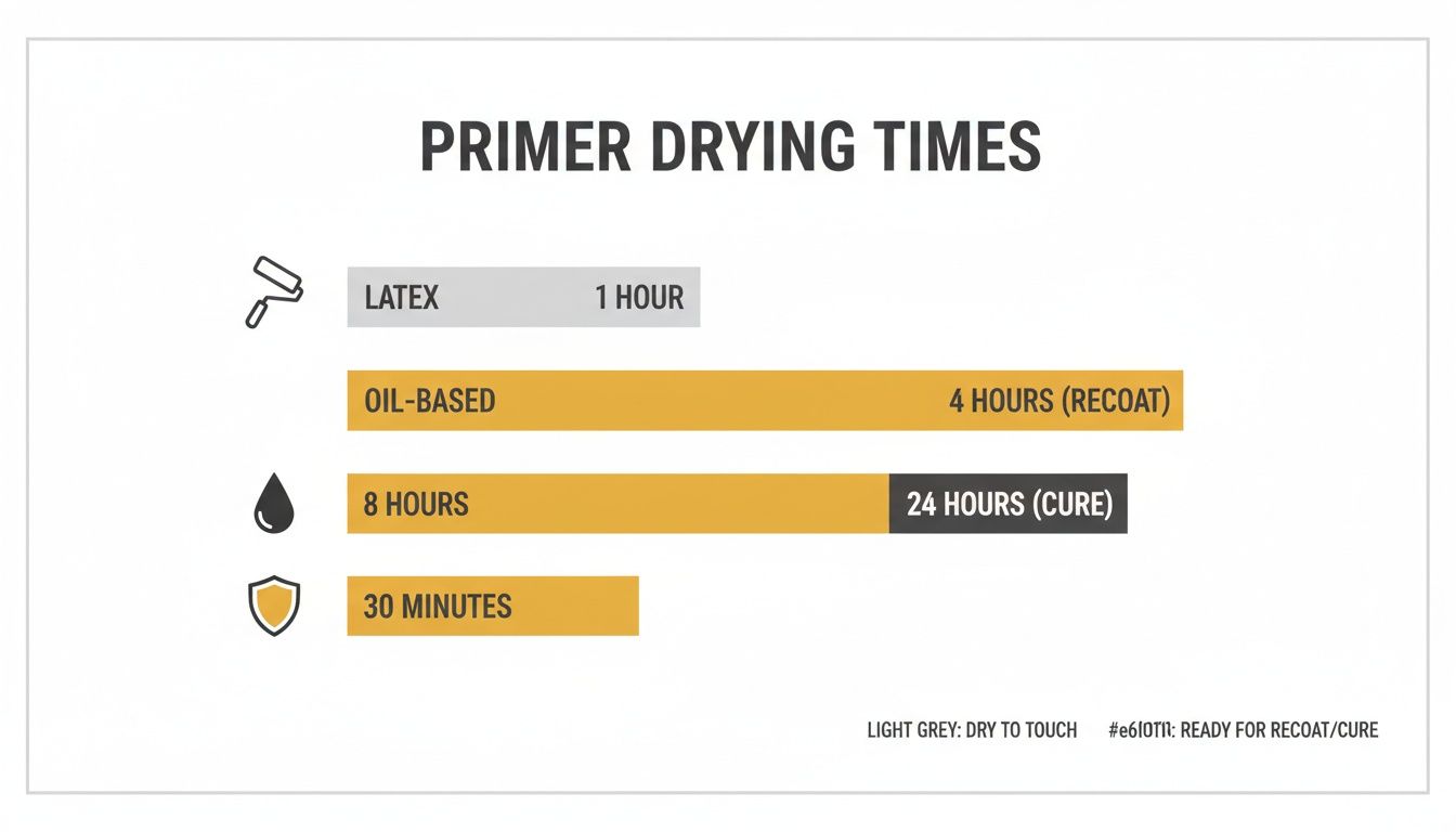 Infographic detailing primer drying times for latex, oil-based, and specialty primers.