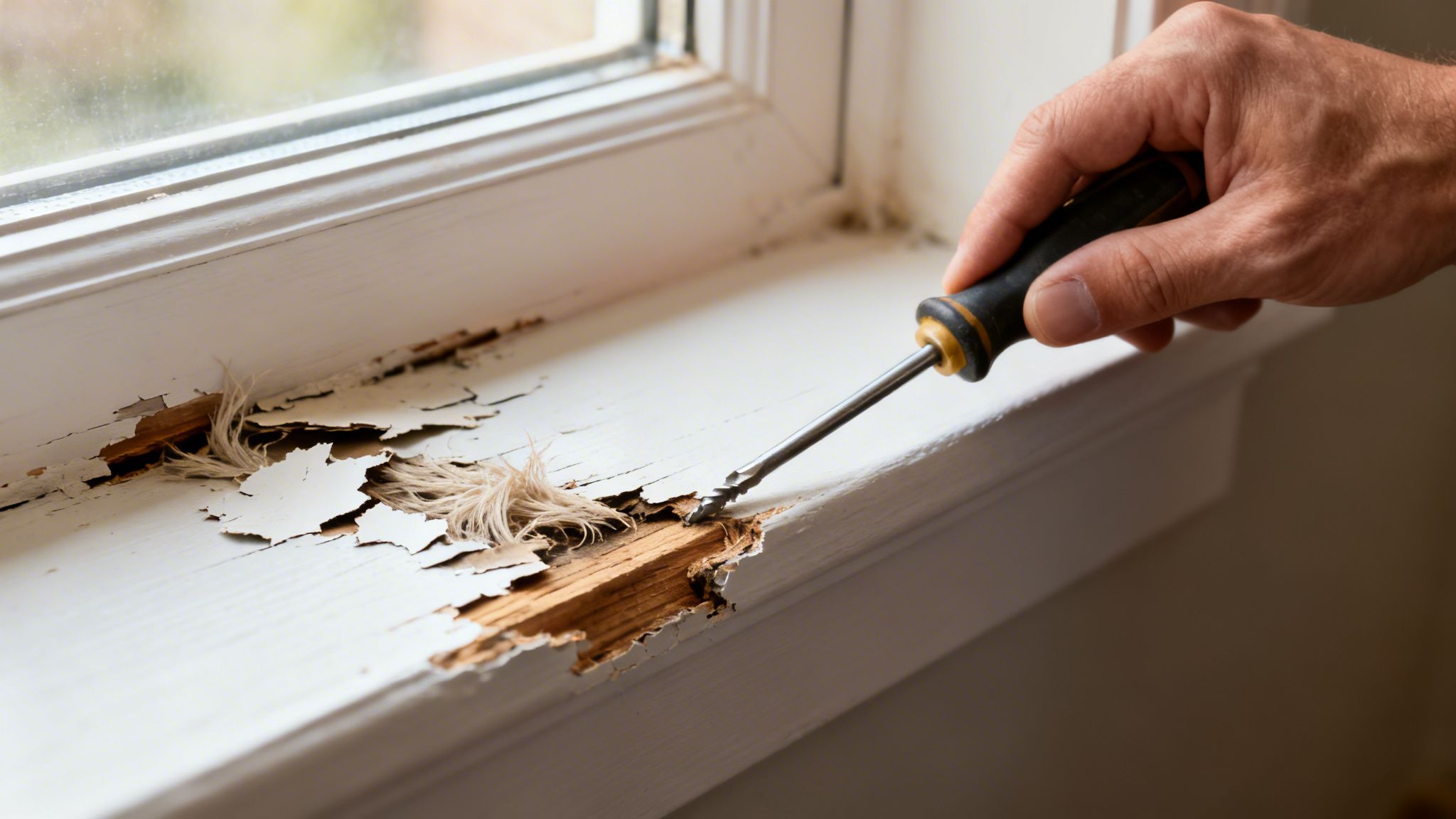 A person uses a screwdriver to remove peeling paint and rotted wood from a white window sill.