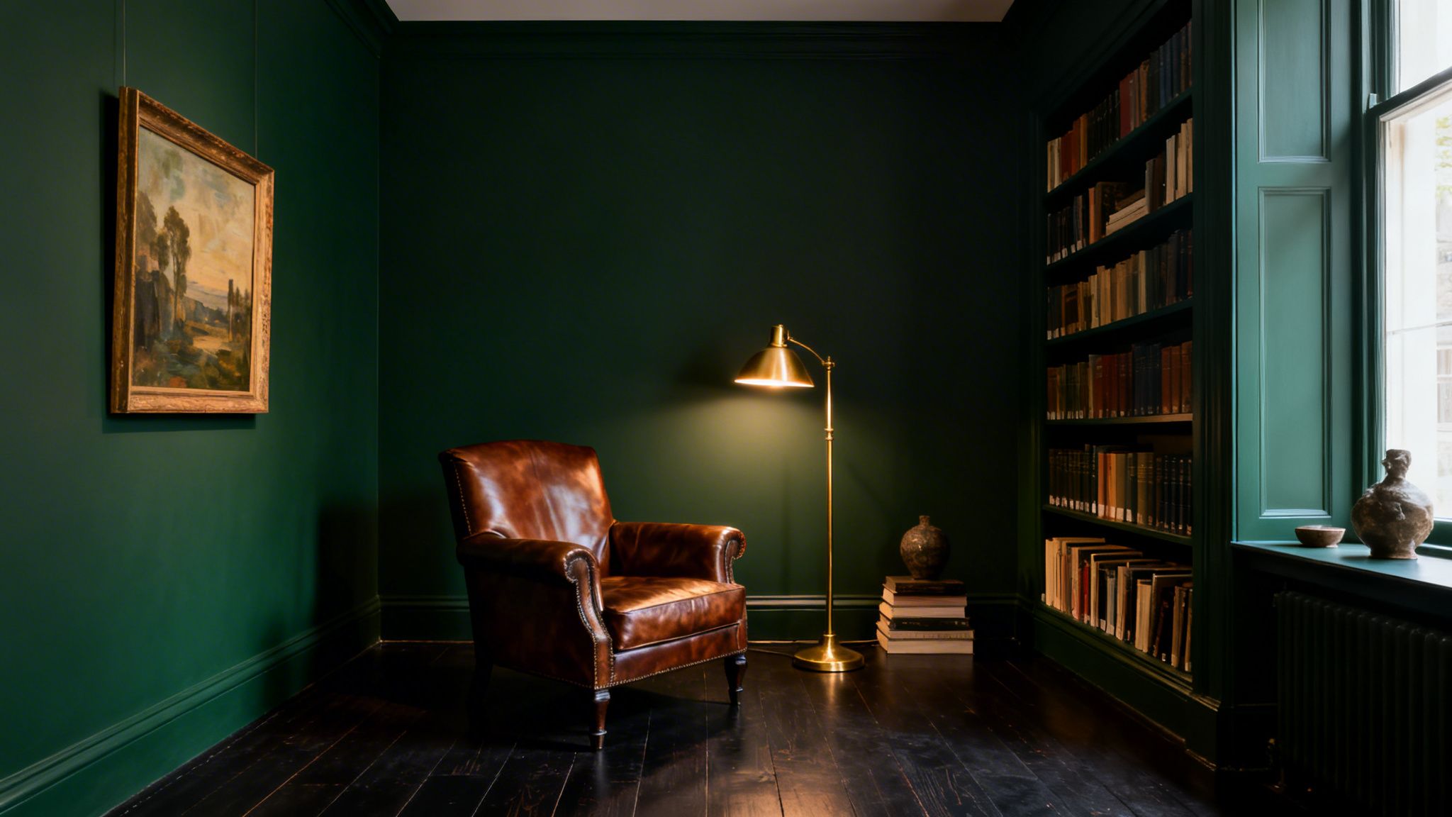 A cozy, dark green library room with a leather armchair, brass lamp, and bookshelf.