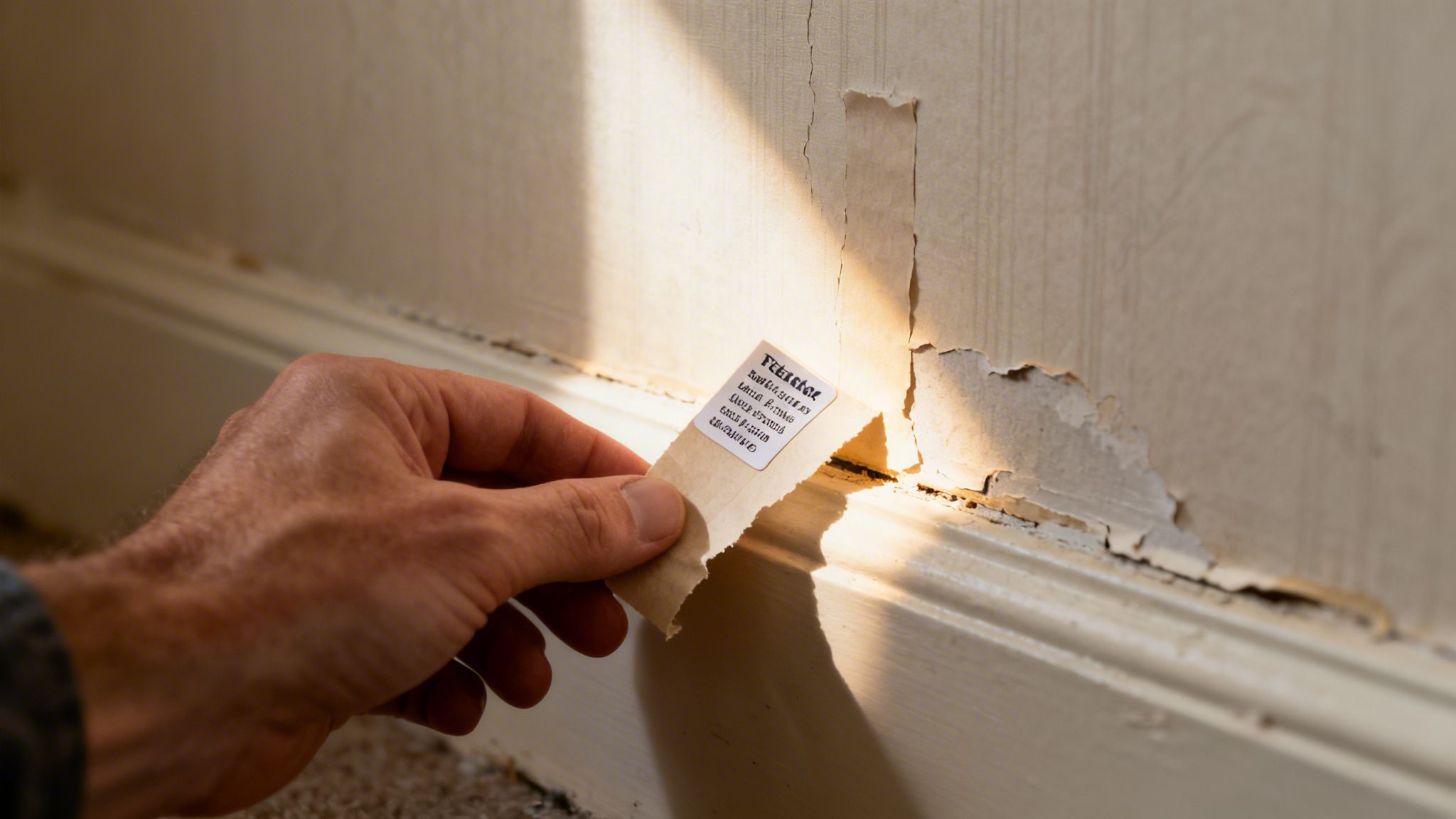 A hand holds a piece of peeling wallpaper with a label, revealing damage on the wall.