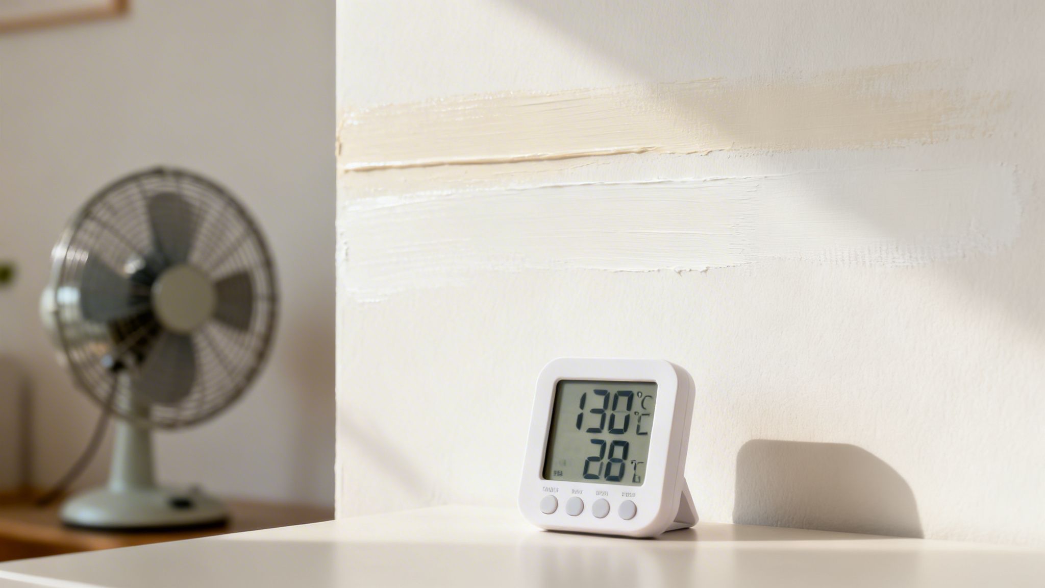 Digital thermometer showing temperature and humidity next to wall paint swatches and a fan.