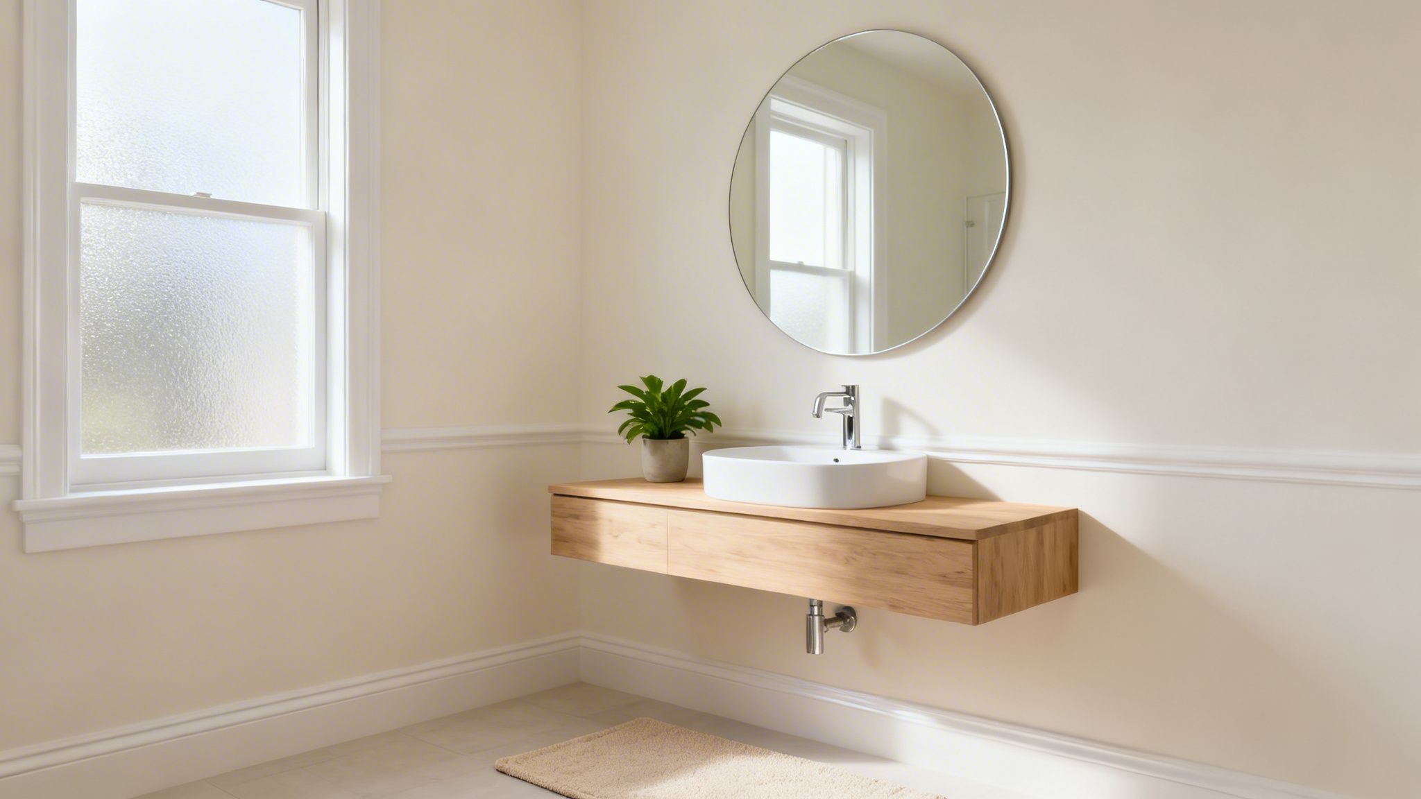 A modern bathroom with light cream walls, a wooden floating vanity, a white vessel sink, and a round mirror.