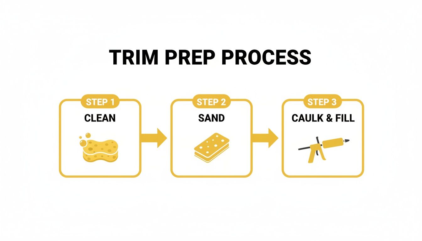 A three-step diagram illustrating the trim preparation process: Clean with a sponge, Sand with a block, and Caulk & Fill with a caulk gun.