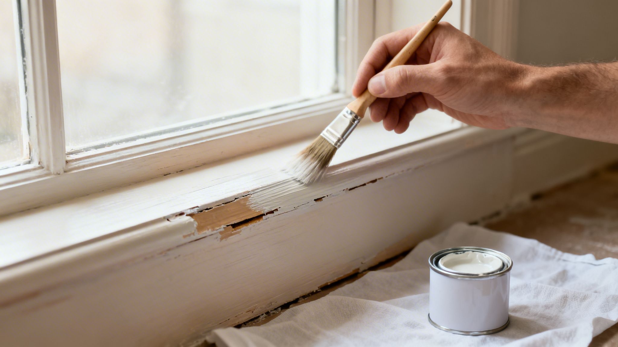 A hand uses a paintbrush to apply white paint to a damaged wooden window sill, showing restoration.