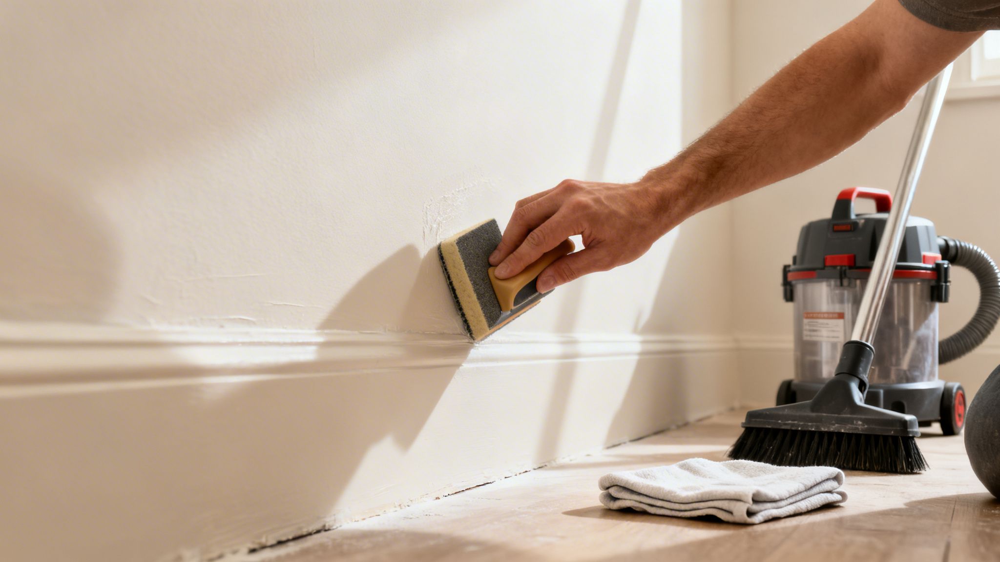 A person's hand uses a sponge sander to smooth a wall, preparing it for painting.