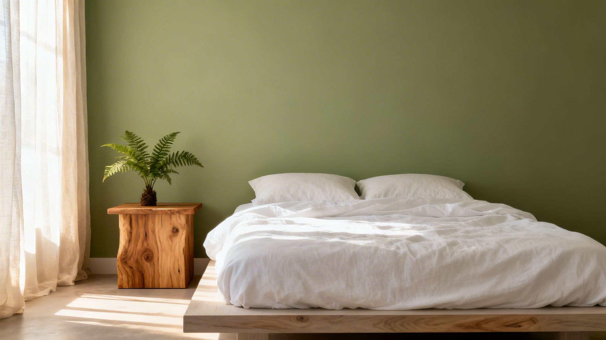 A minimalist bedroom with a green accent wall, white bedding, and a wooden nightstand with a fern.