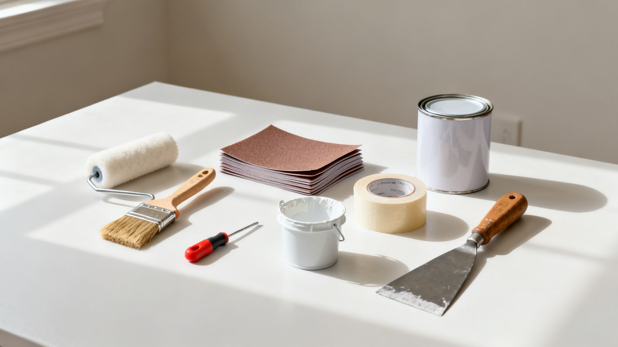 Painting supplies including a roller, brush, sandpaper, paint, tape, and scraper on a white surface.