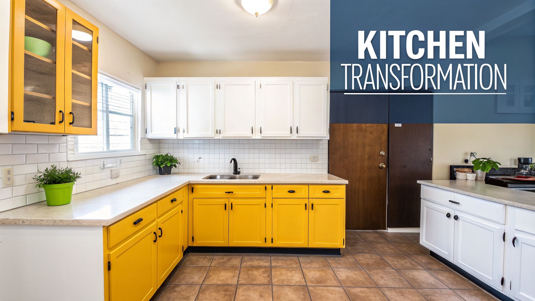 A brightly transformed kitchen with yellow base cabinets and white upper cabinets, a sink, and plants.
