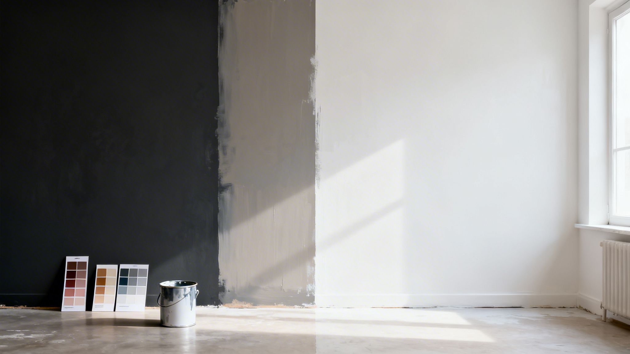 A room with walls painted in black, taupe, and white sections, featuring paint swatches and a bucket.