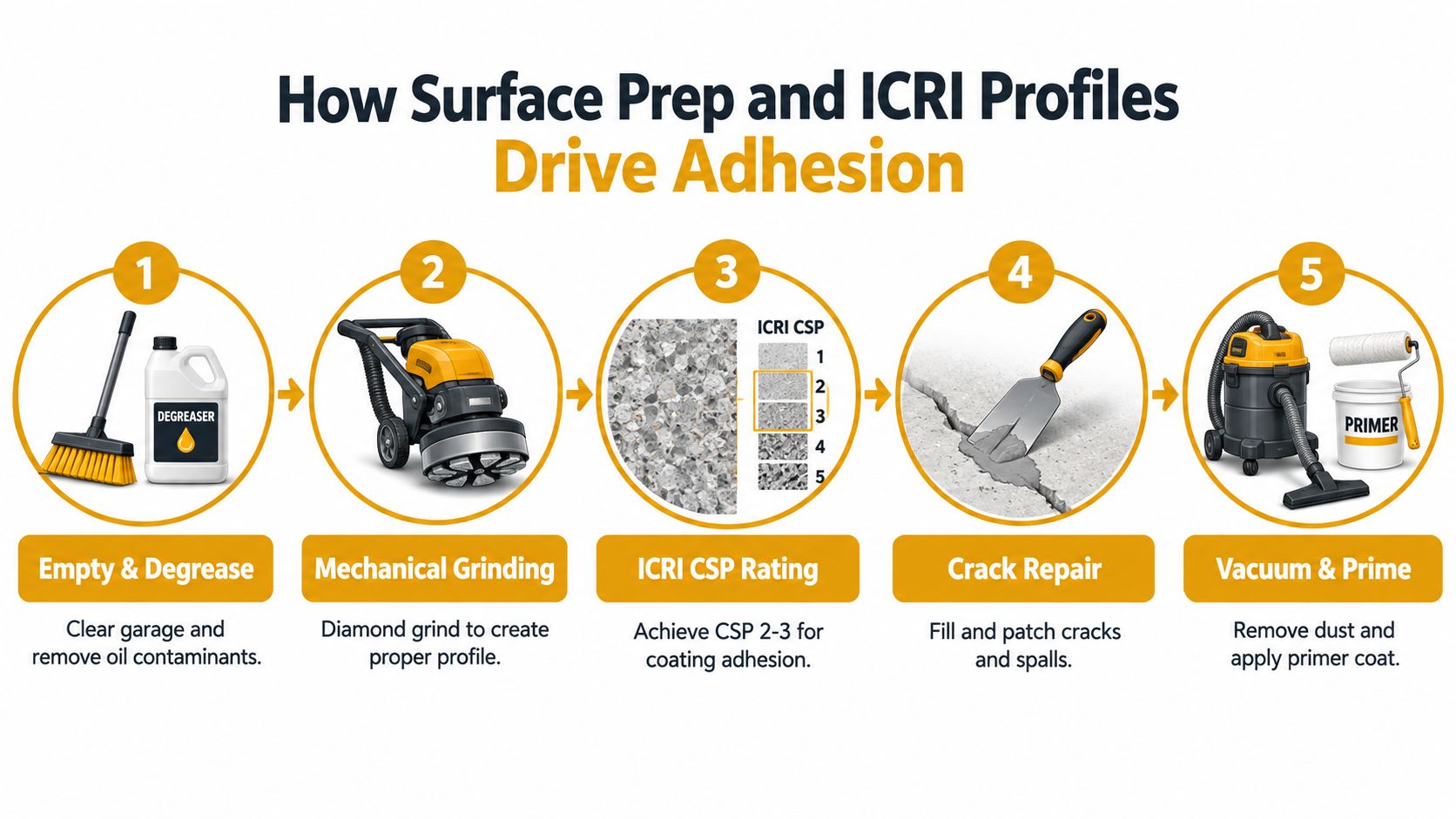 A step-by-step infographic illustrating the five stages of garage floor surface preparation for optimal coating adhesion.