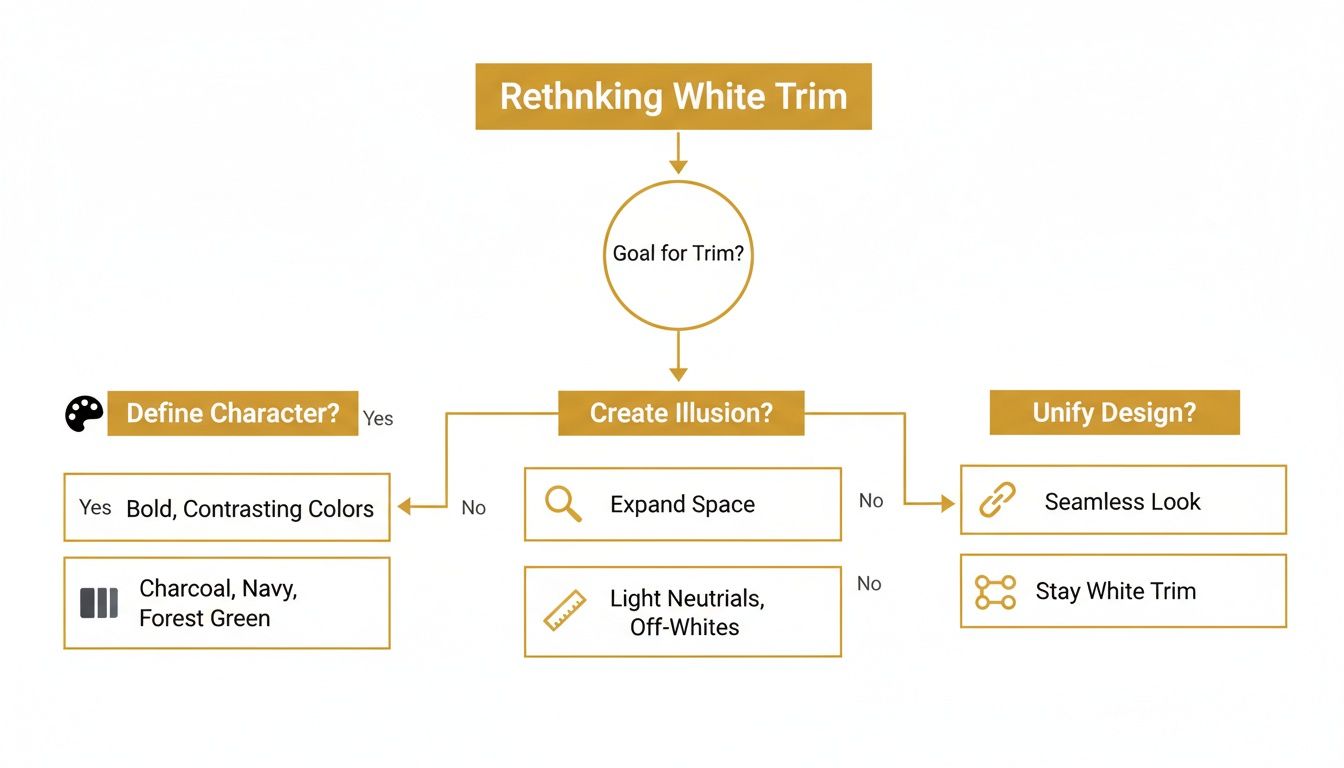 Flowchart guiding trim paint color decisions based on design goals: defining character, creating illusion, or unifying design.