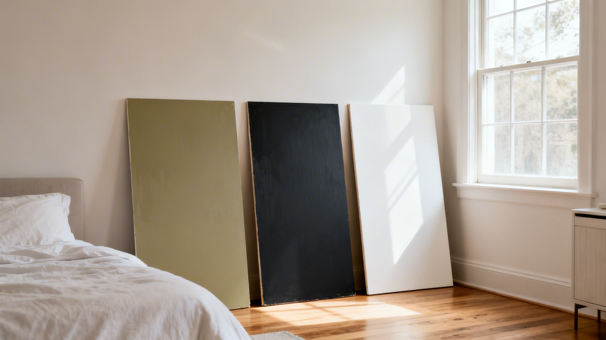 Three large painted panels in olive green, black, and white lean against a bedroom wall.
