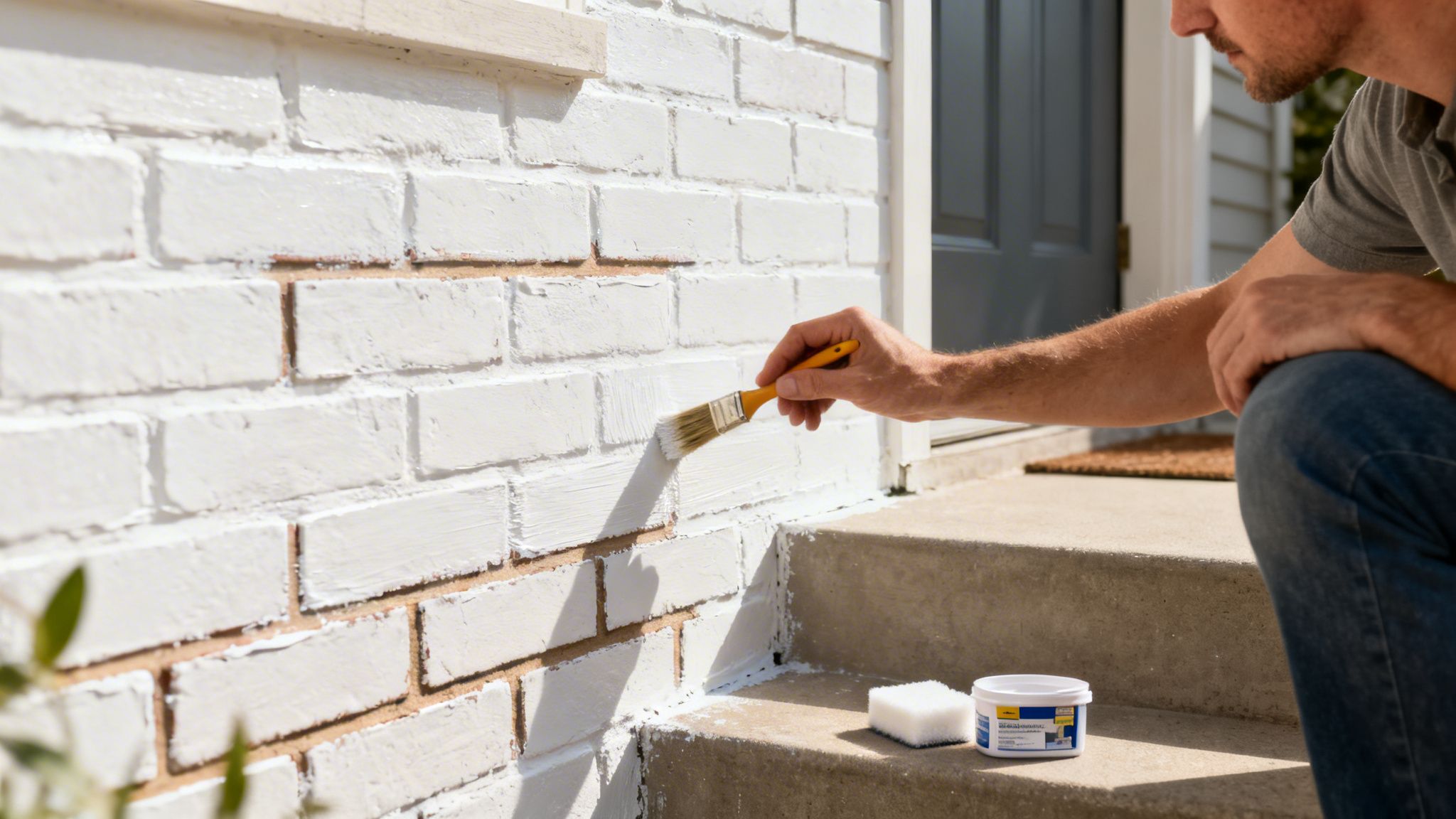 A person's hand uses a paintbrush to apply white paint to an exterior brick wall.