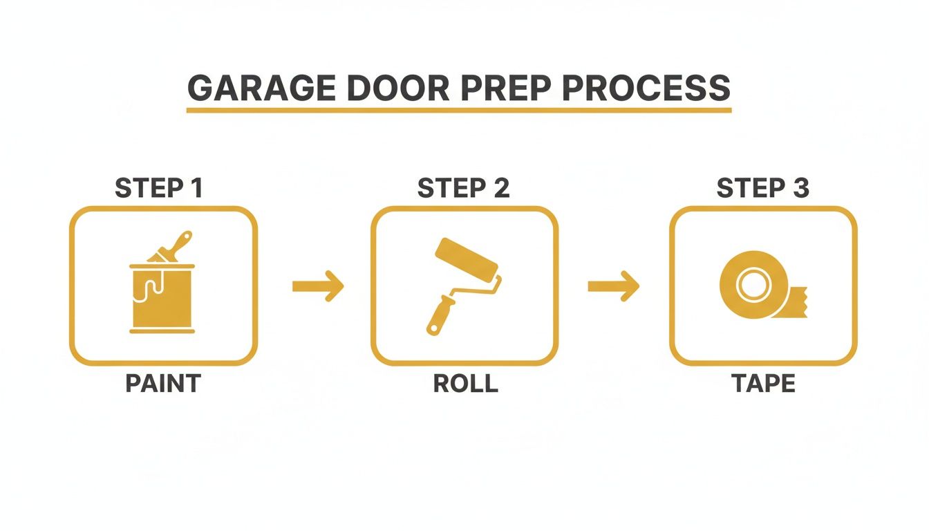Infographic showing the three-step garage door preparation process: paint, roll, and tape.