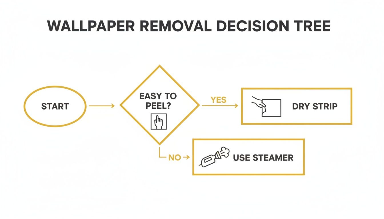 A decision tree flowchart for wallpaper removal: Start, then check if easy to peel. If yes, dry strip; if no, use a steamer.