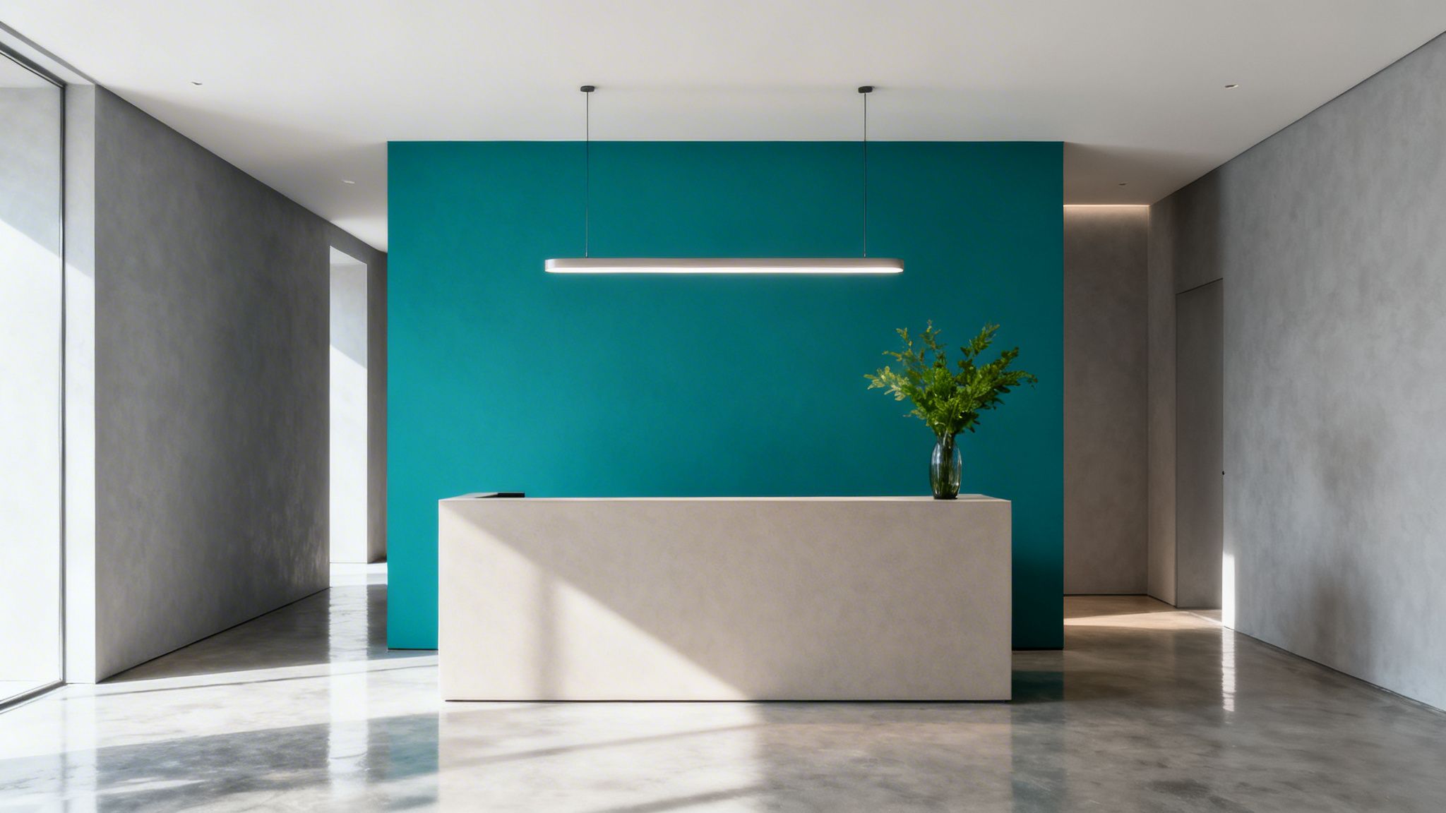 Modern office reception area with a teal accent wall, minimalist desk, and linear pendant light.
