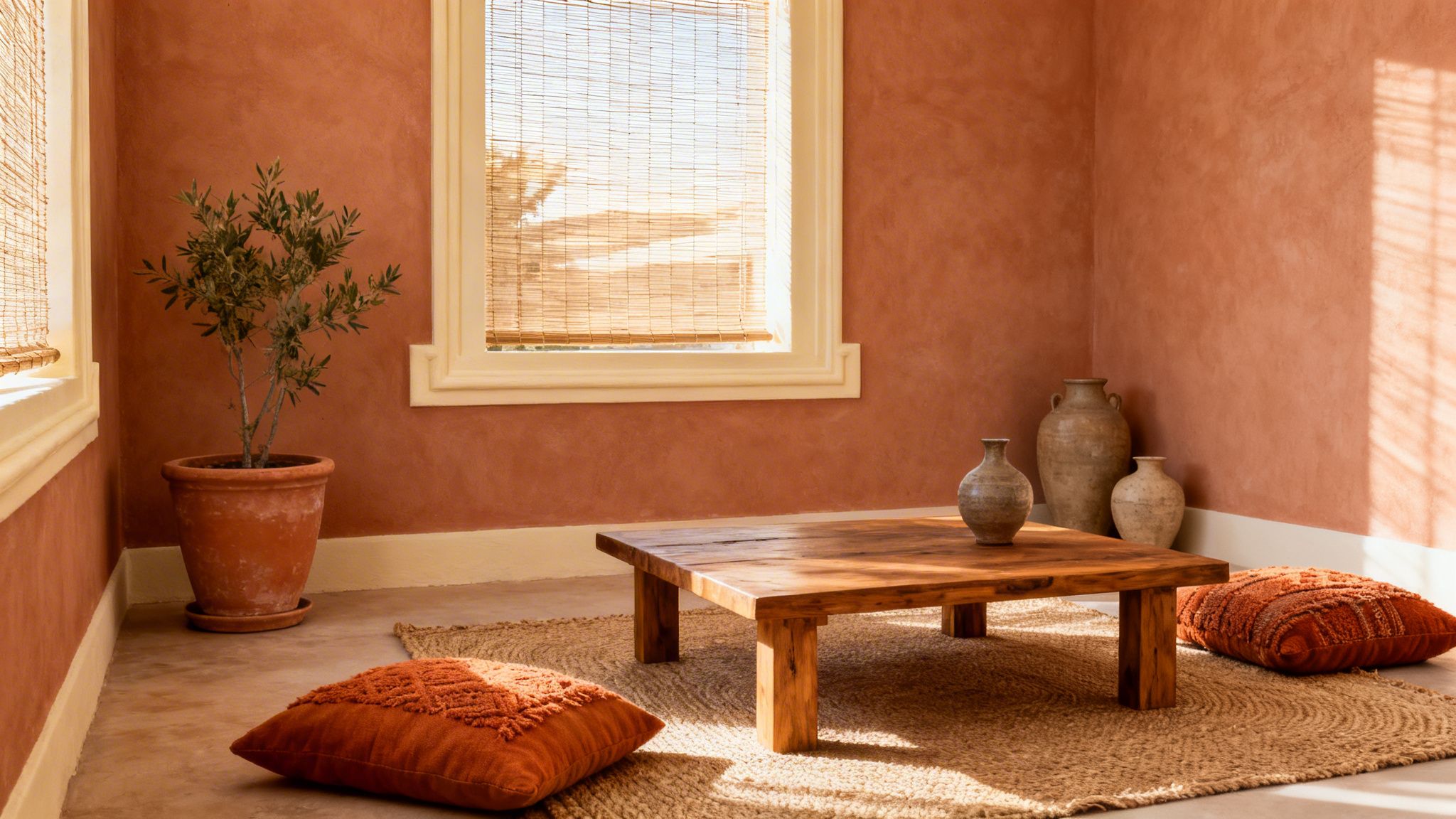 A warm, rustic sunroom with terracotta walls, a potted plant, wooden table, and natural fiber accents.