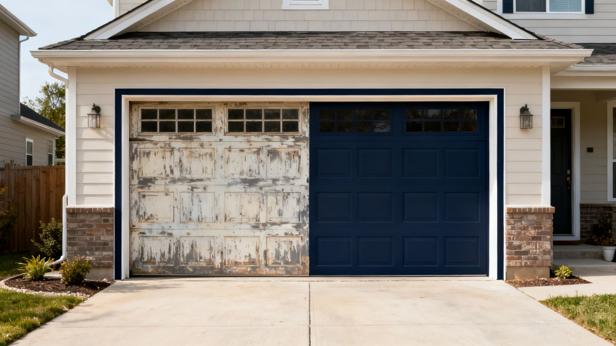 Half old, peeling white and half new, dark blue painted garage door makeover.