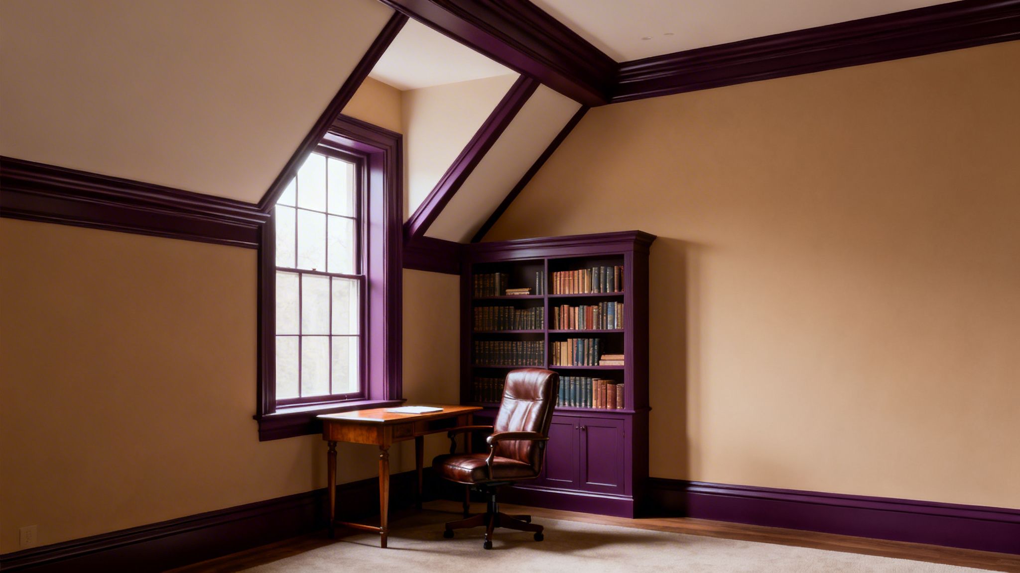 A cozy study room with light brown walls, deep purple trim, a wooden desk, and a leather chair.