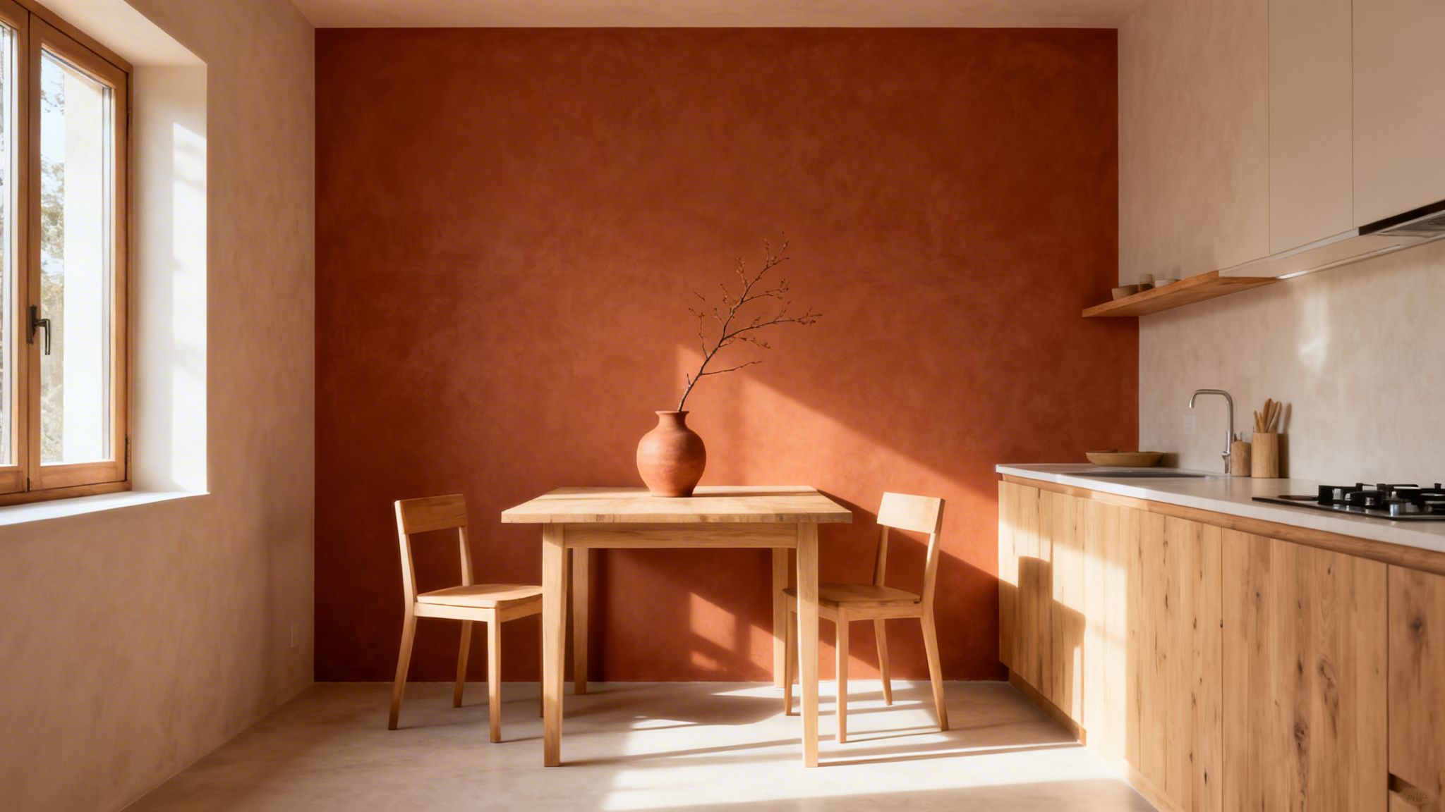 A contemporary kitchen featuring an orange accent wall, wooden dining table, and natural light.