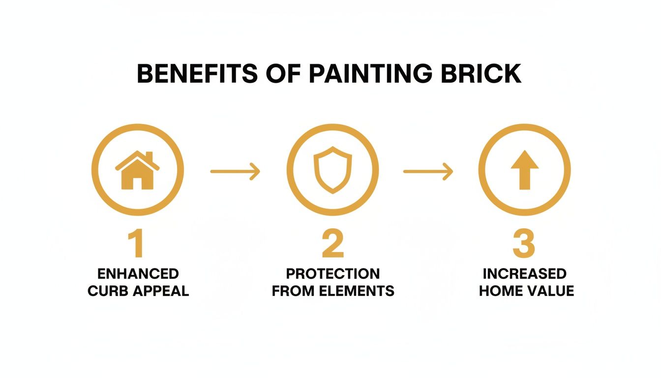 Flowchart illustrating three benefits of painting brick: enhanced curb appeal, protection, and increased home value.