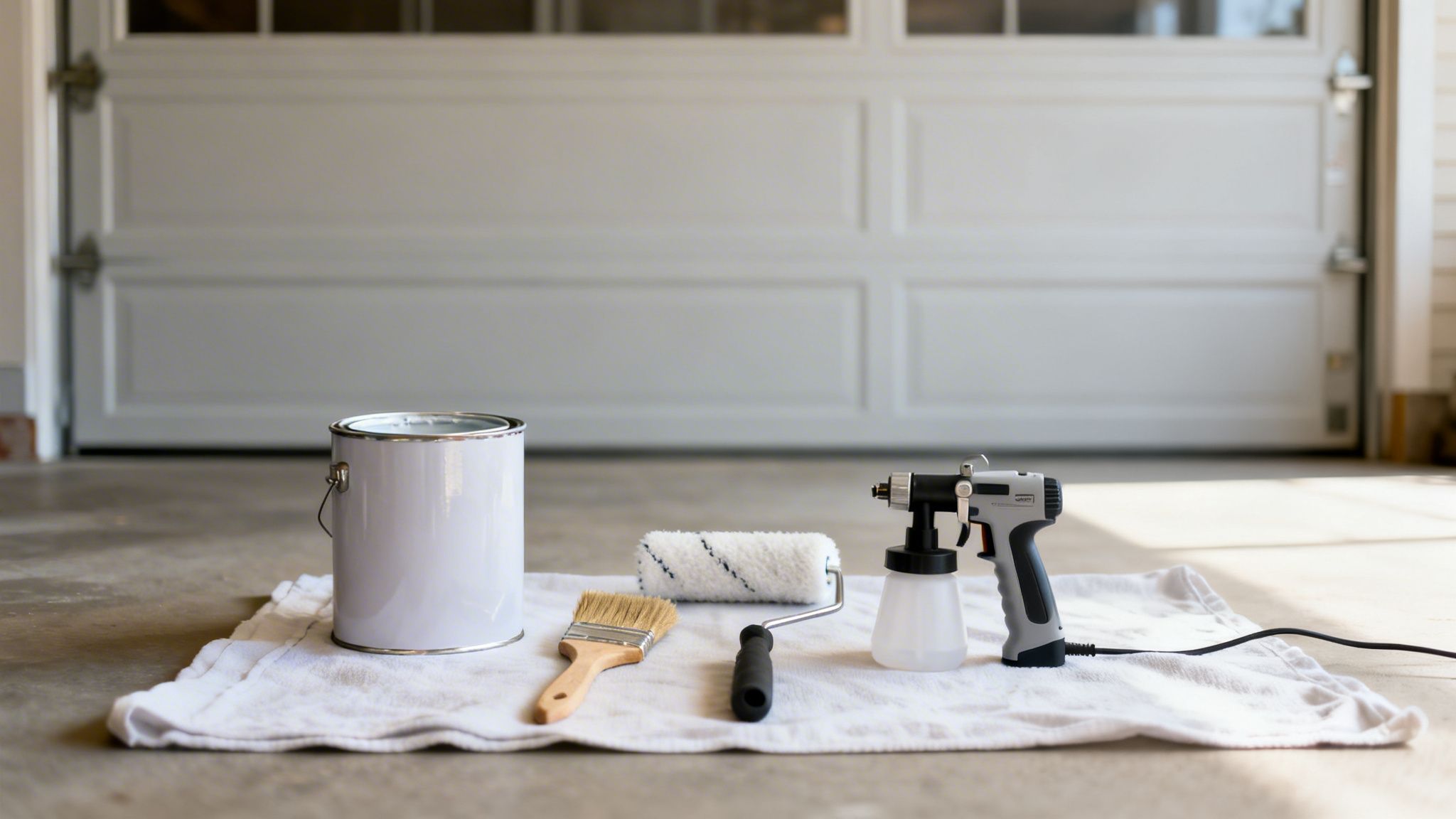 Painting tools: a paint can, brush, roller, and sprayer, arranged on a cloth in front of a white garage door.