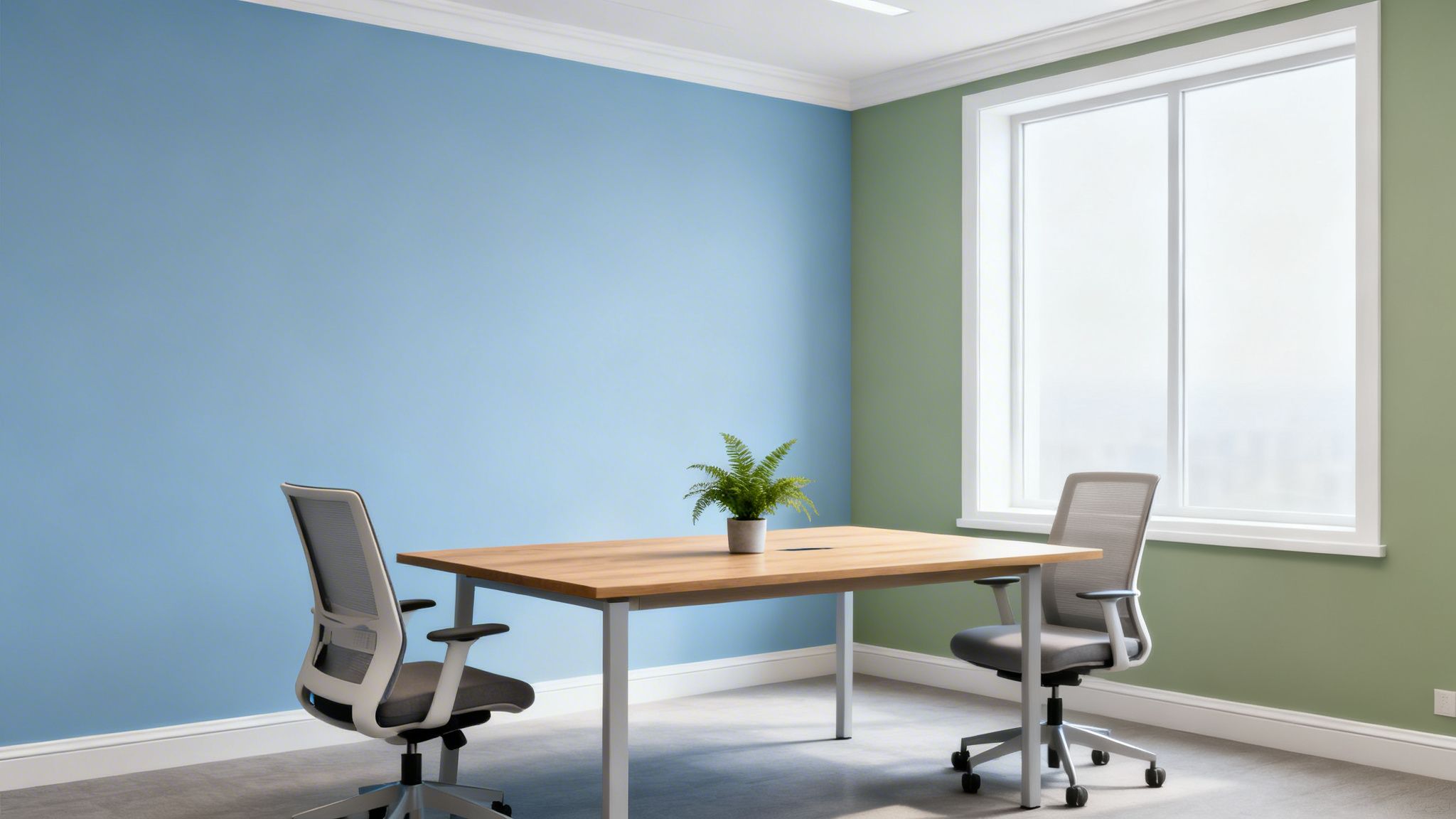 A bright office with light blue and green walls, a wooden desk, and two ergonomic chairs.