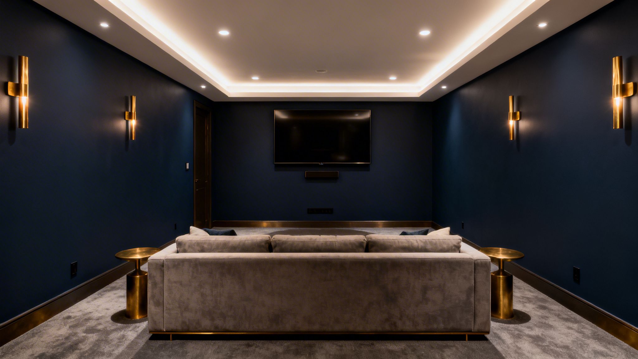 A stylish dark blue basement home theater with a large TV, gold accents, and a grey sectional sofa.