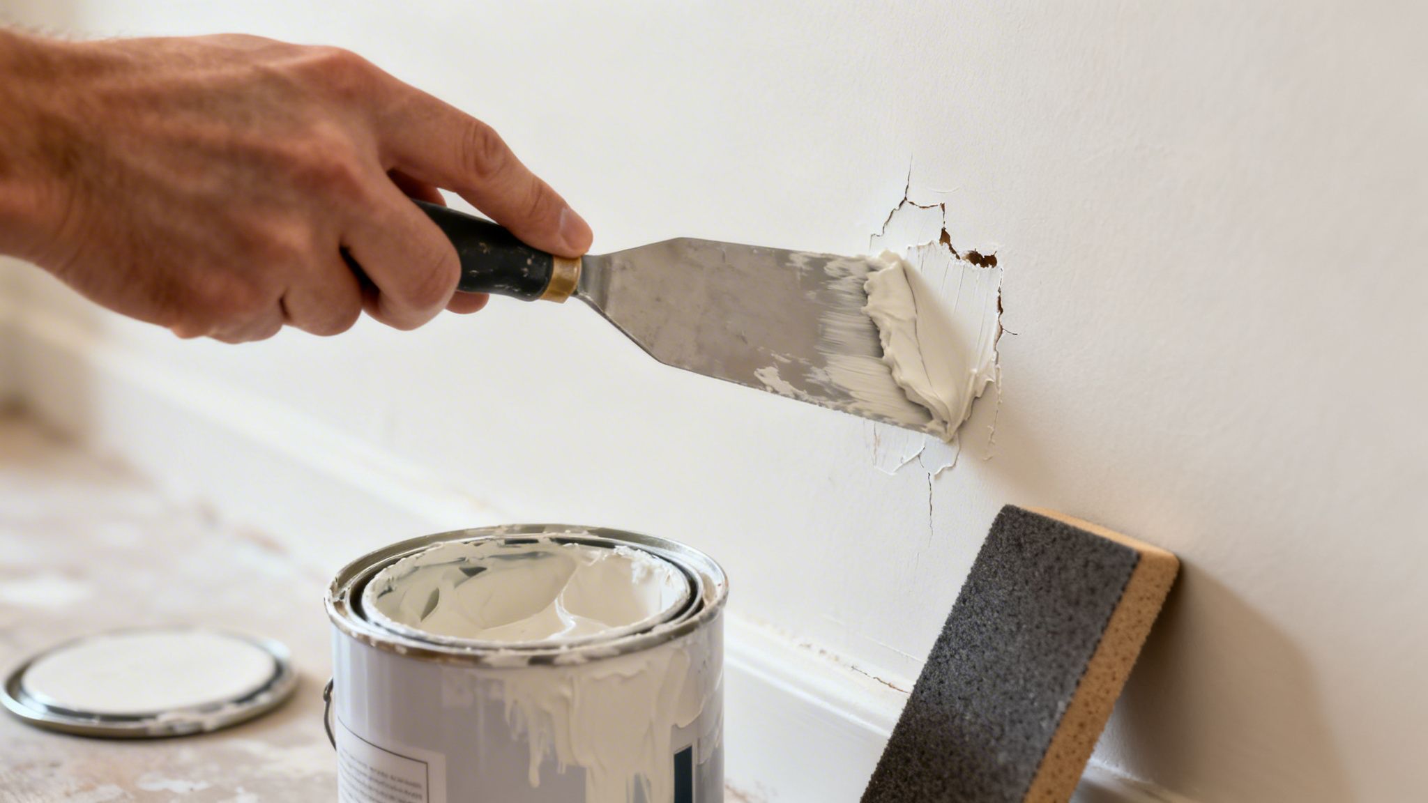 A person's hand uses a putty knife to apply white spackle to a cracked wall, with a paint can nearby.