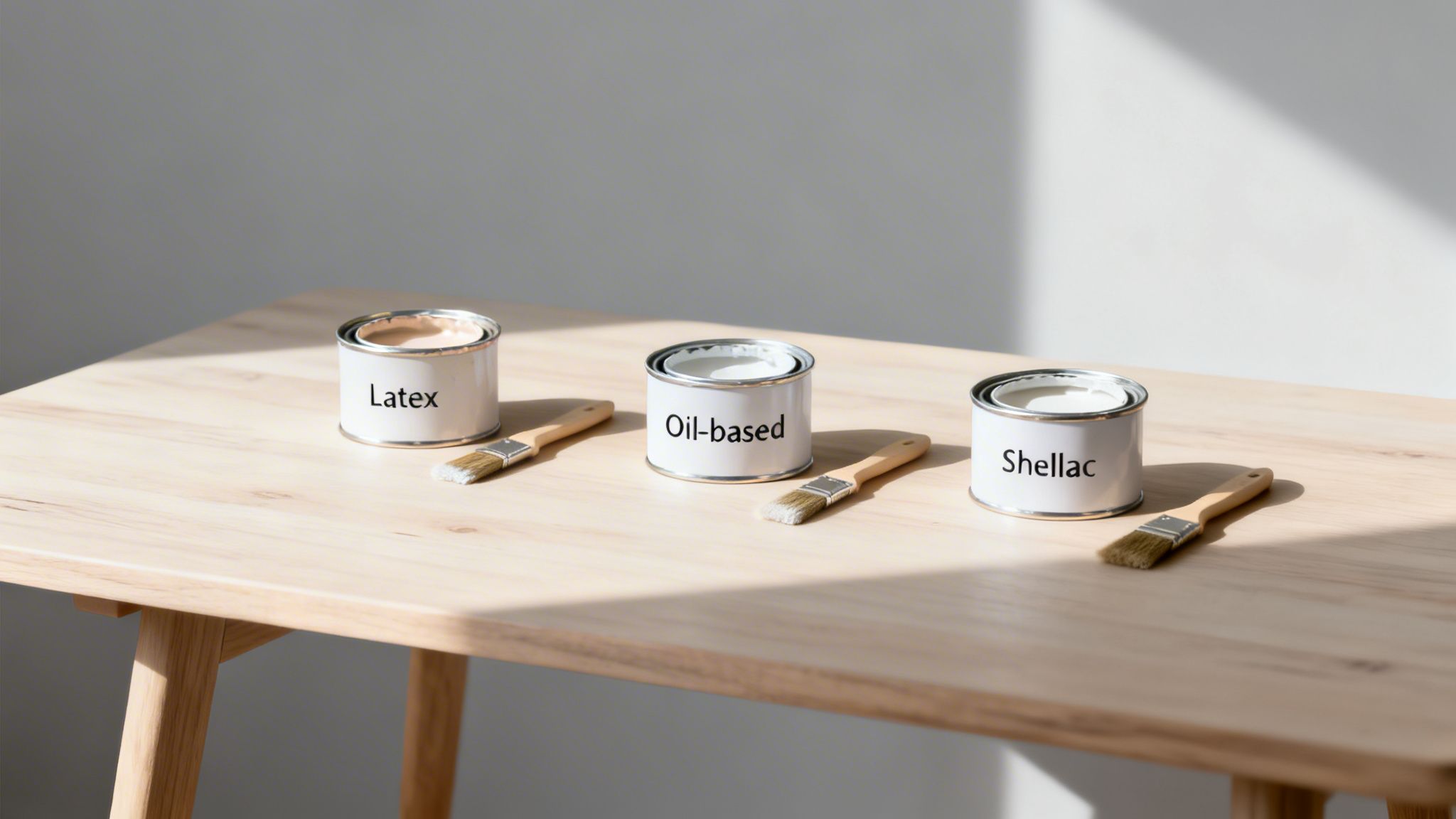 Three open paint cans labeled 'Latex', 'Oil-based', and 'Shellac', each with a paintbrush on a wooden table.