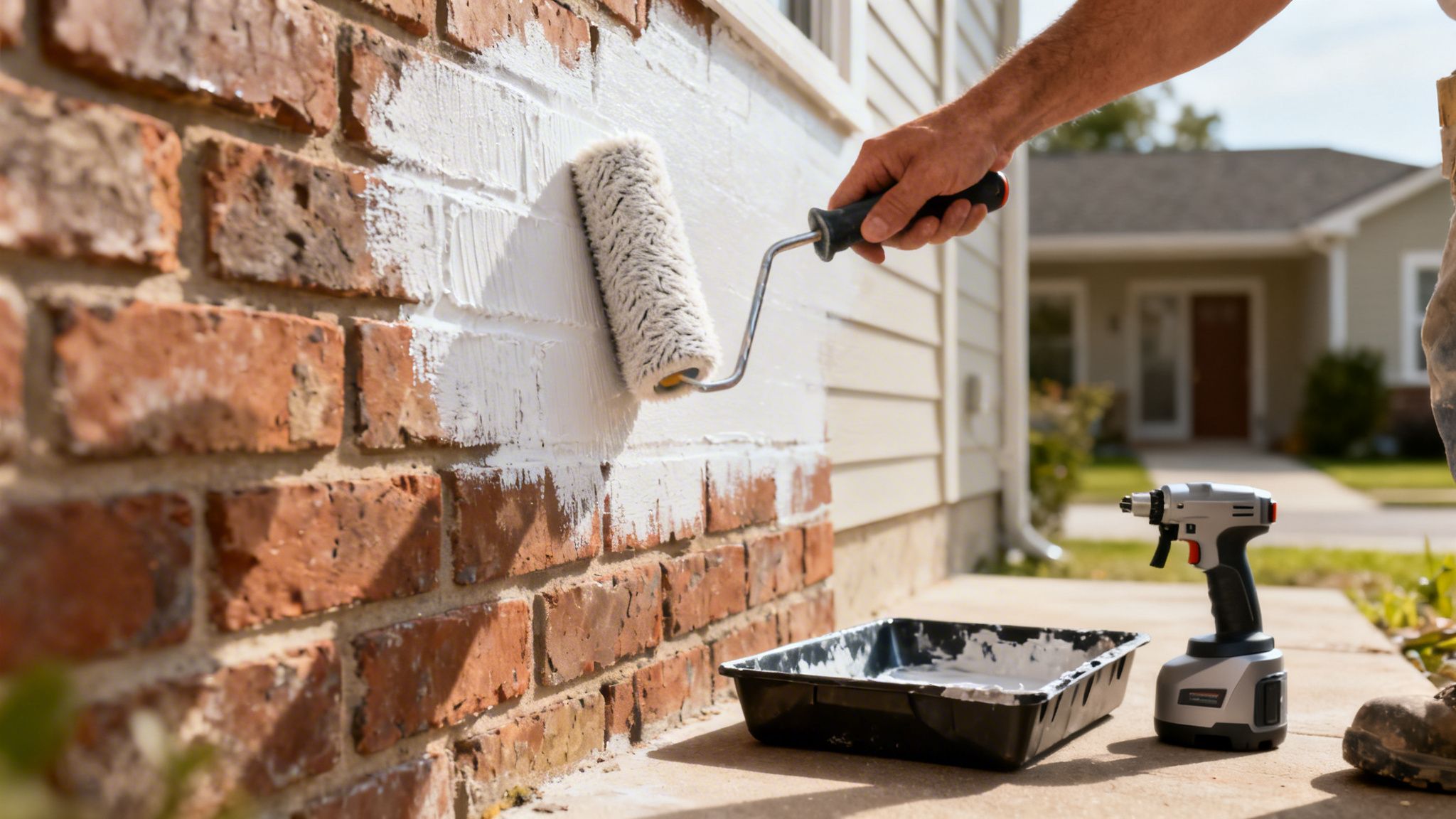 Person painting a brick exterior wall white with a roller, with a paint tray nearby.
