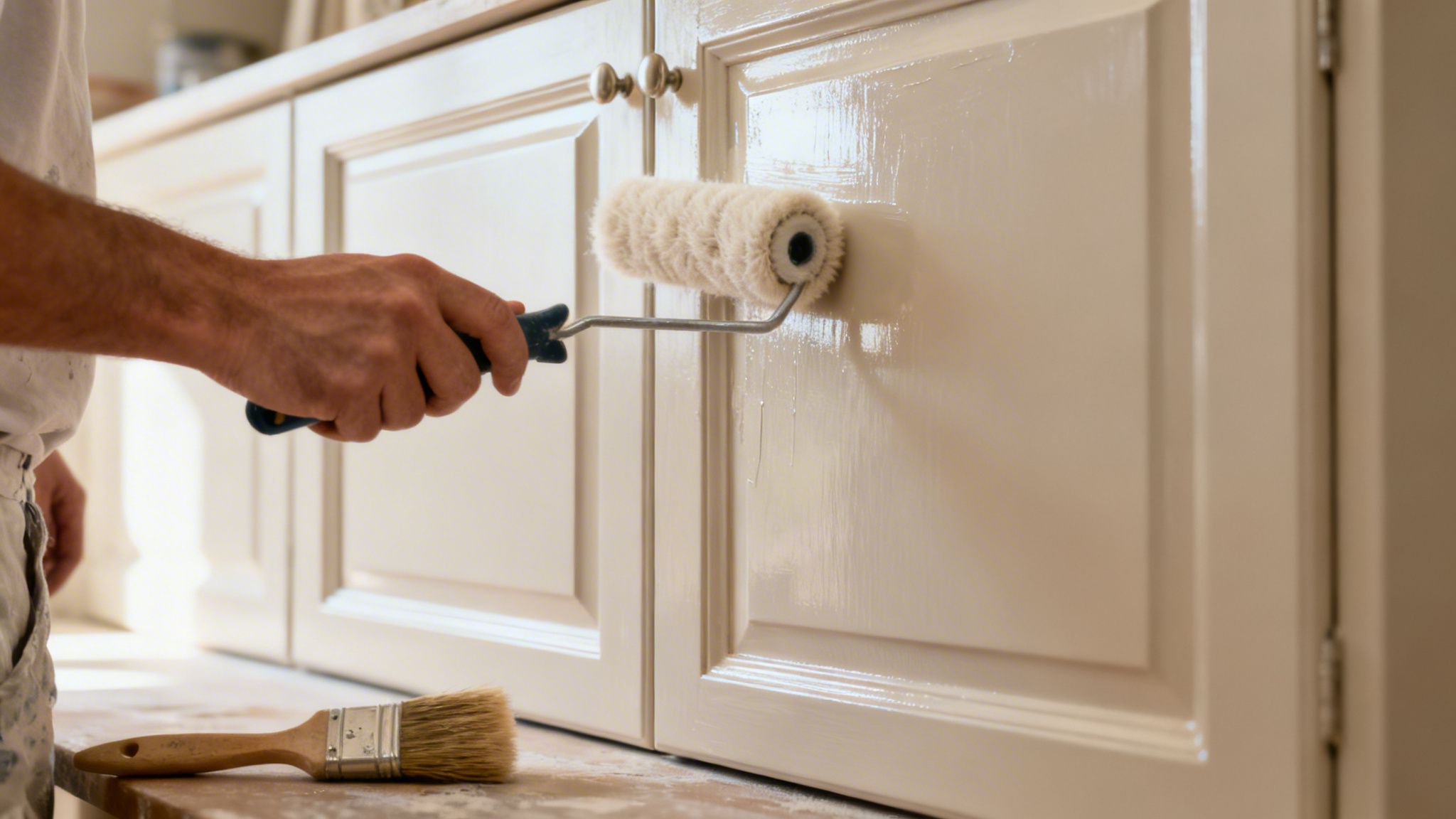 A person is skillfully painting wooden kitchen cabinets with a roller, transforming their look.