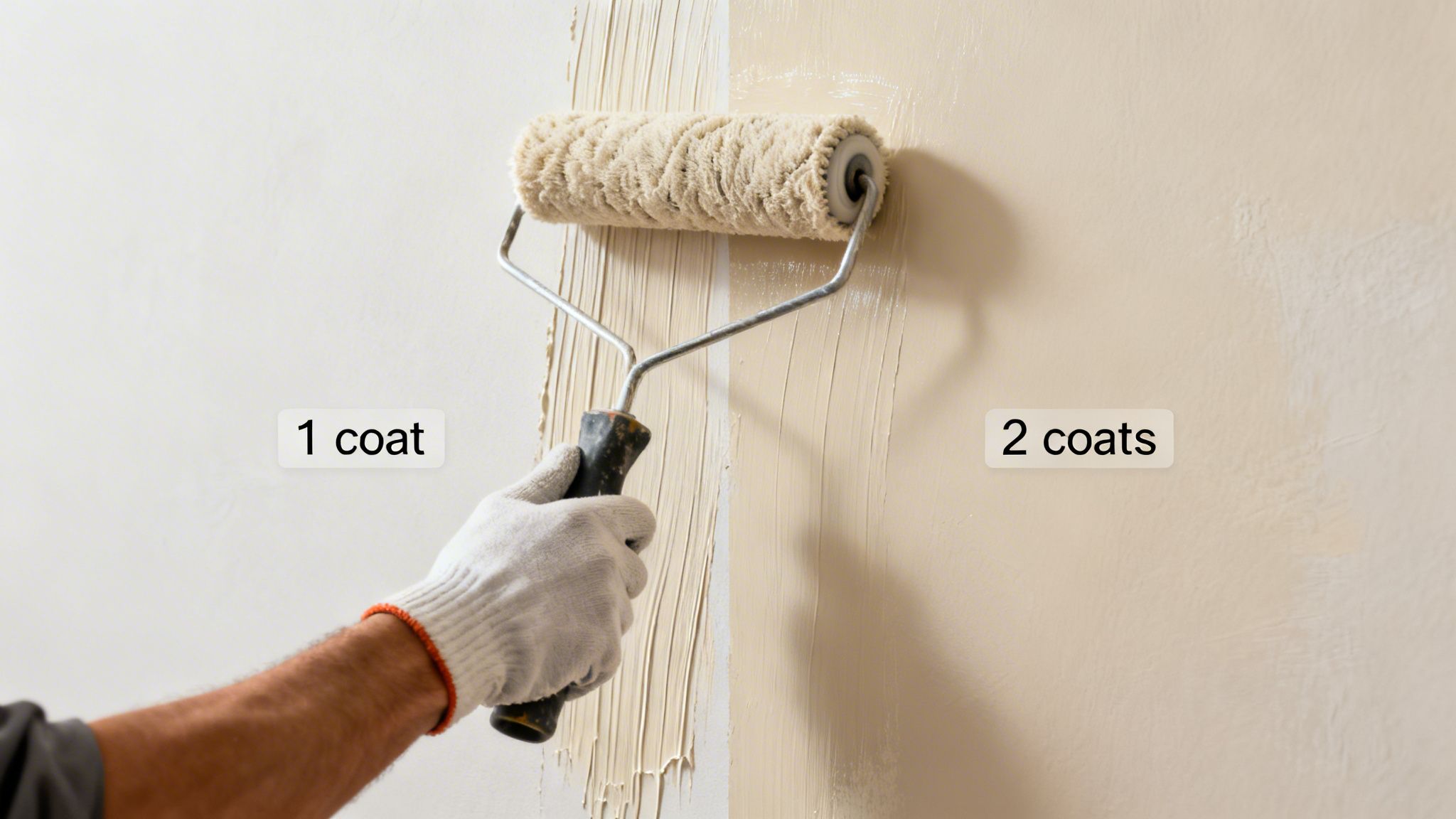 A person's hand in a white glove painting a wall, showing the difference between one and two coats of beige paint.