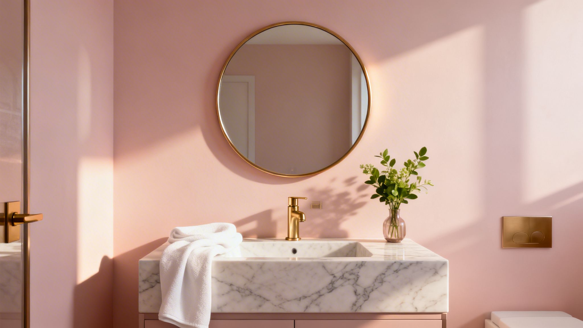 A stylish bathroom featuring pink walls, a marble vanity with a gold faucet, a round mirror, and green foliage.