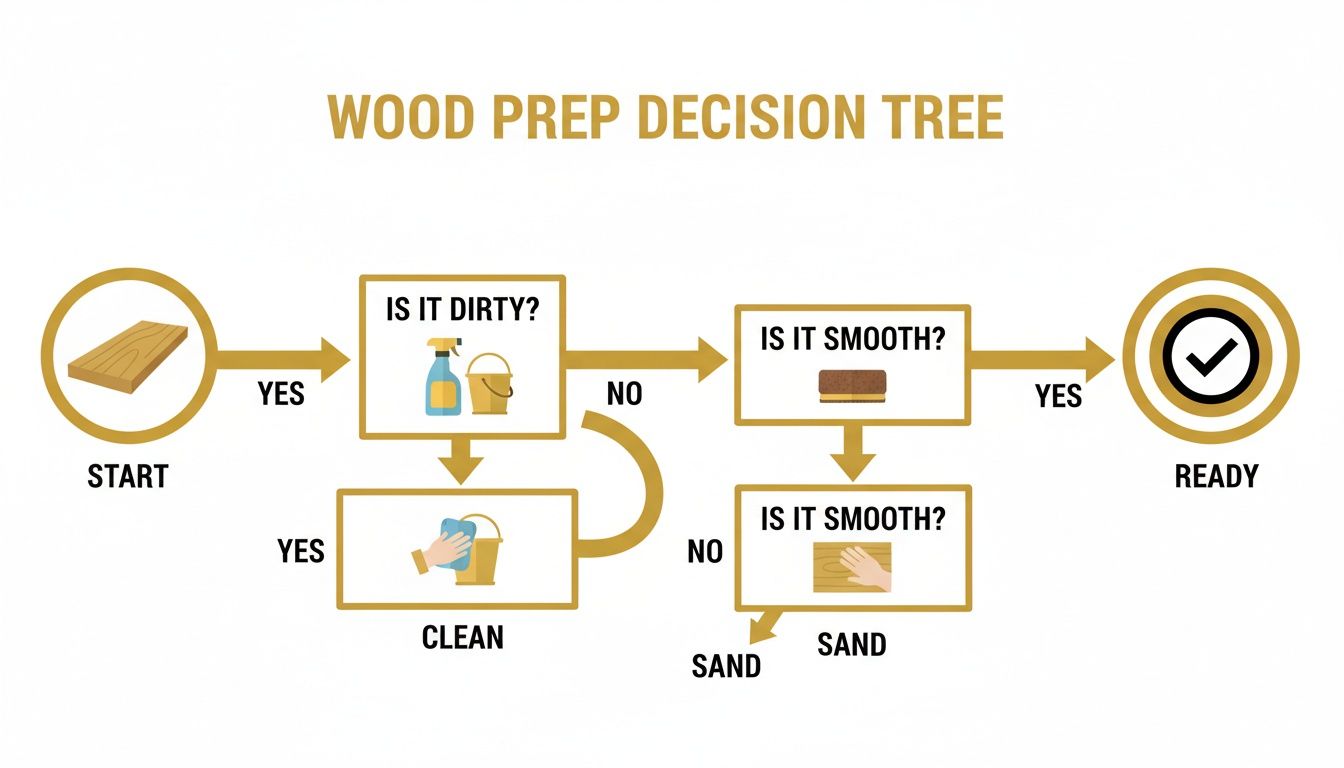 A flowchart detailing wood preparation steps: clean if dirty, then sand if not smooth, until ready.