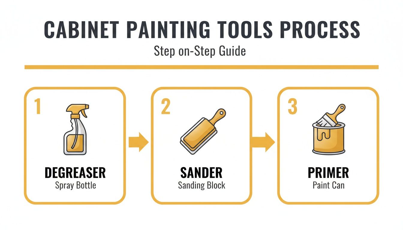 Step-by-step guide for cabinet painting process, showing degreaser, sander, and primer tools.