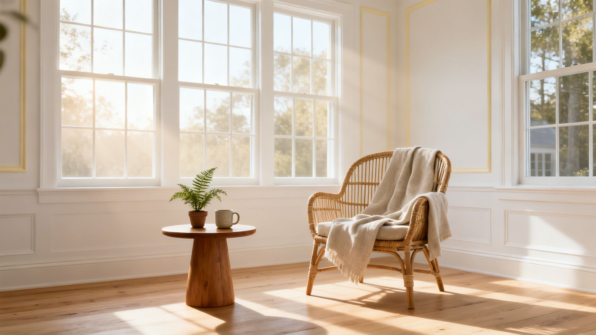 A bright sunroom with a wicker chair, wooden side table, fern, and sunlit windows.