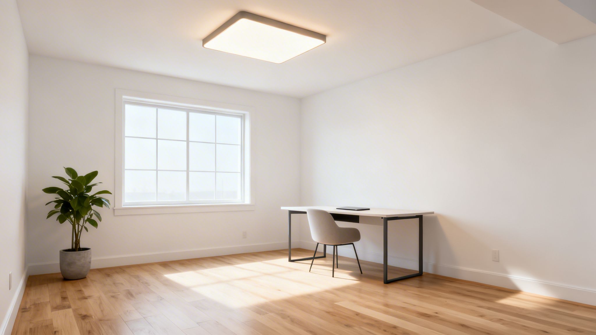 A bright, empty room with white walls, a large window, a plant, and a minimalist desk with a chair.