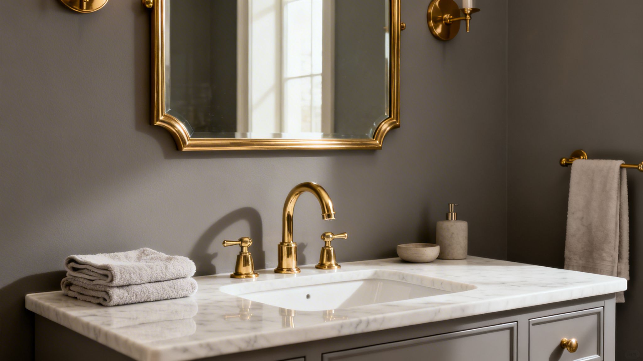 A modern bathroom features a gold faucet, marble countertop, and grey walls with matching towels.