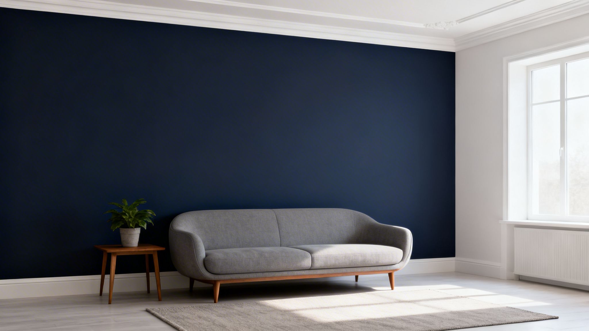 Modern living room with a navy blue accent wall, grey sofa, and natural light.