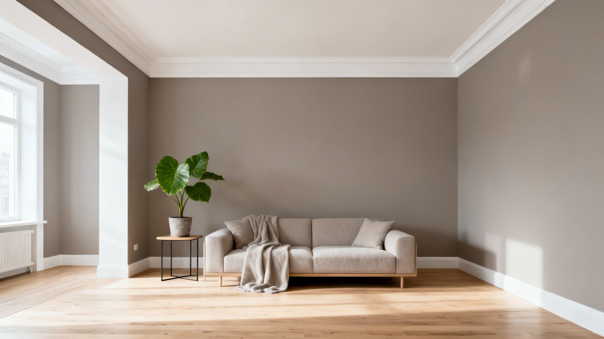 Stylish living room with neutral grey walls, light-colored sofa, and a green plant on a side table.